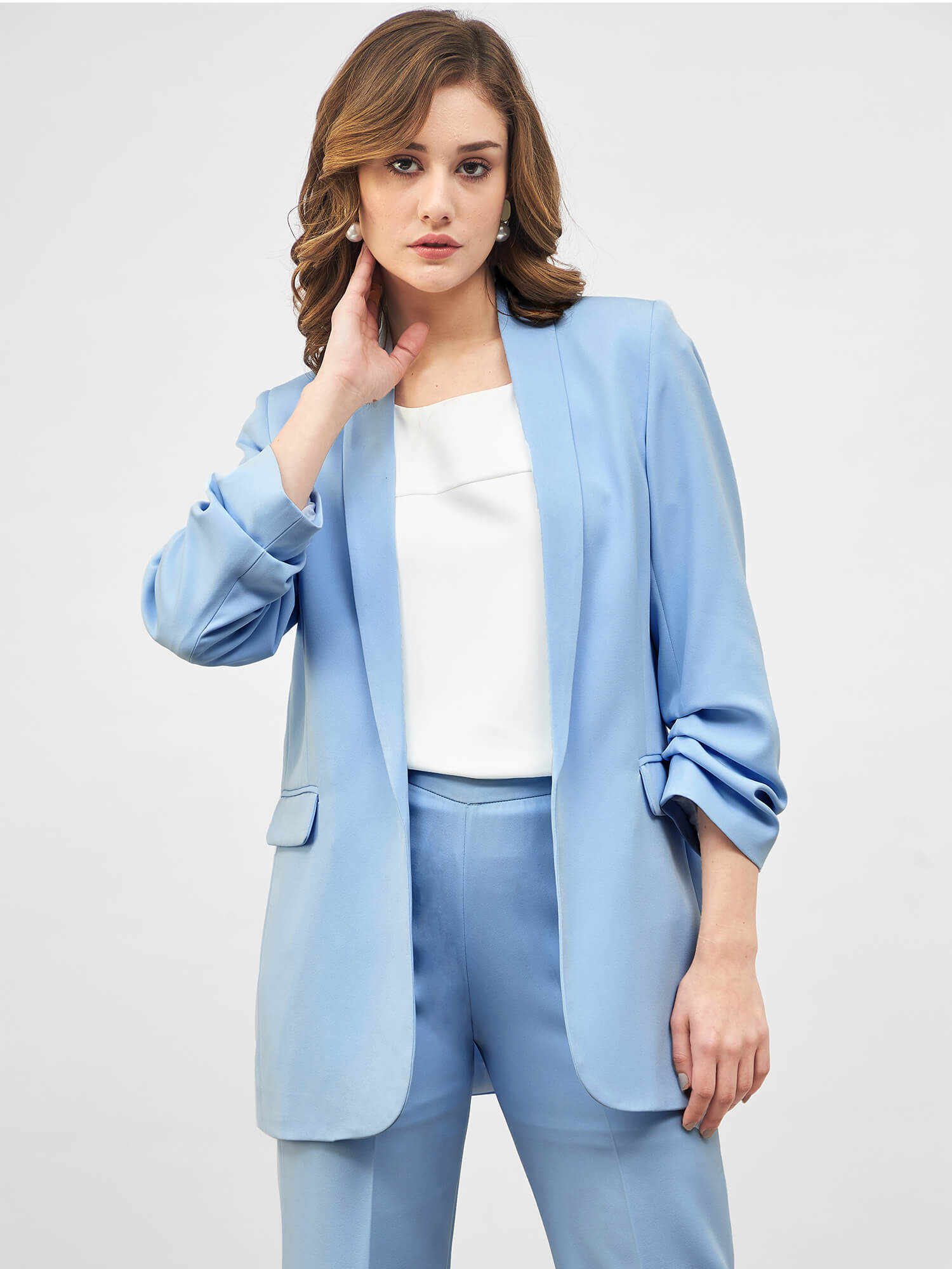 Spunky Ruched Sleeve Blazer -Sky Blue