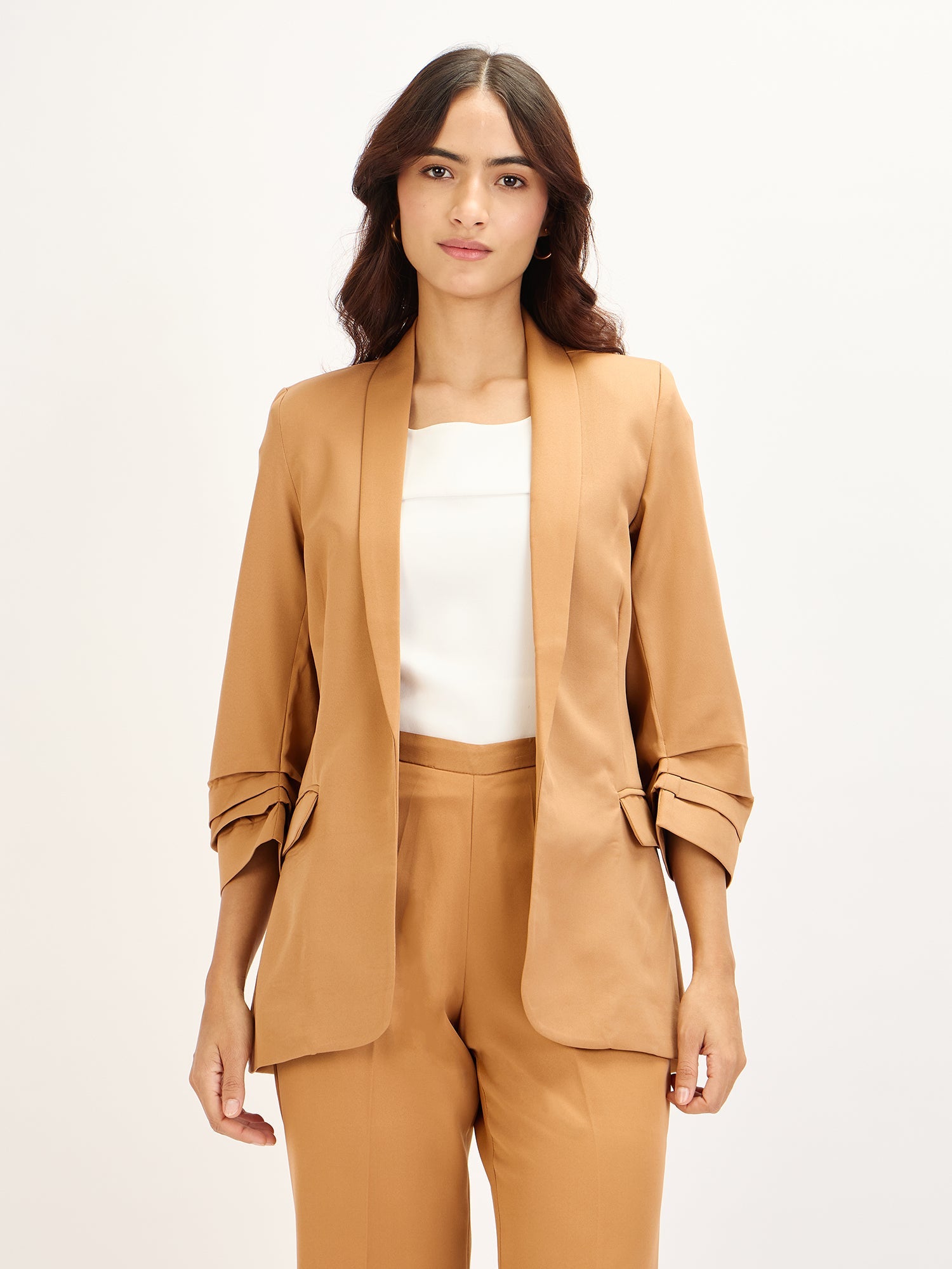 Spunky-Biscuit Brown Ruched Sleeve Blazer - Biscuit Brown