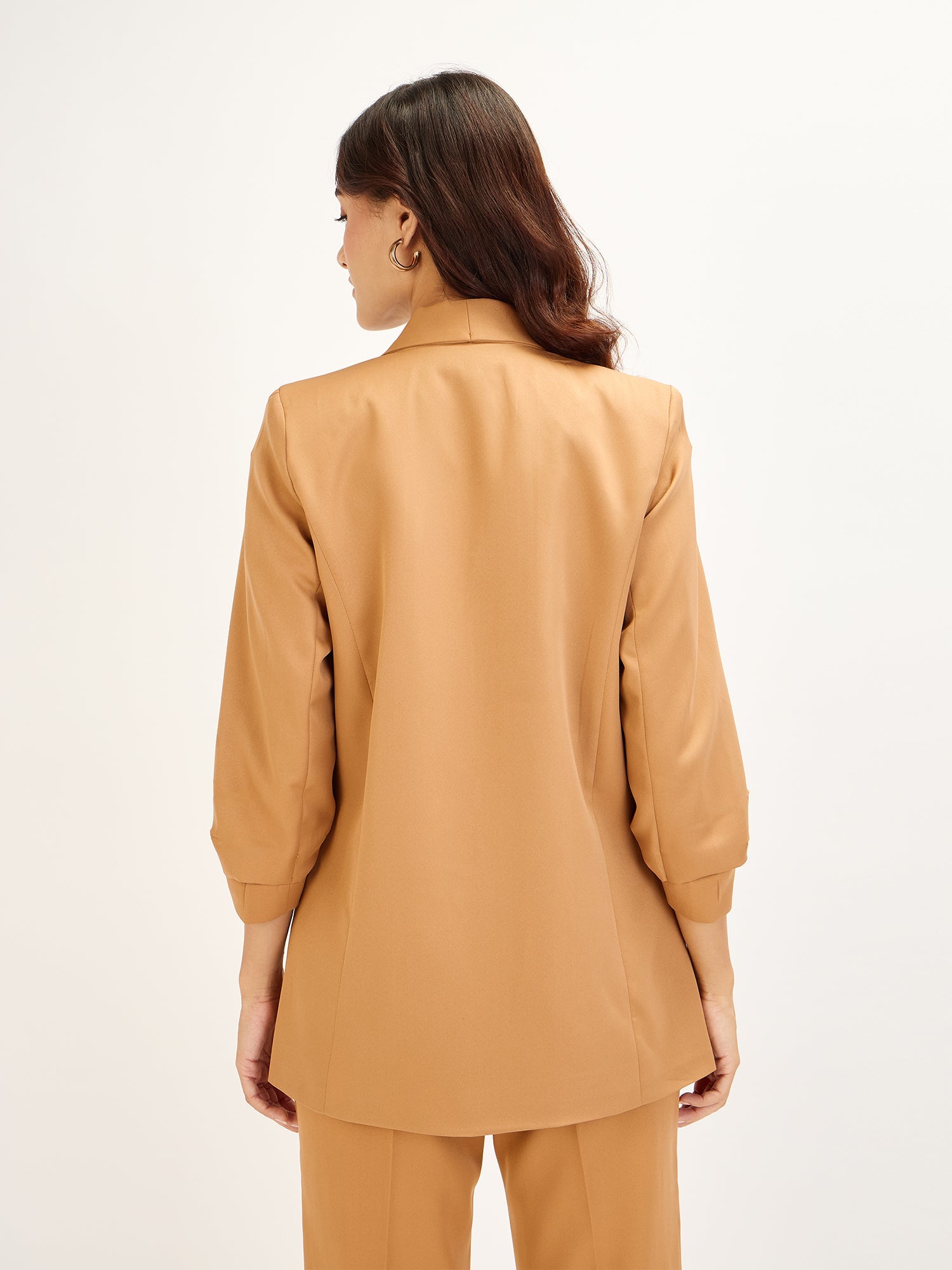 Spunky-Biscuit Brown Ruched Sleeve Blazer - Biscuit Brown