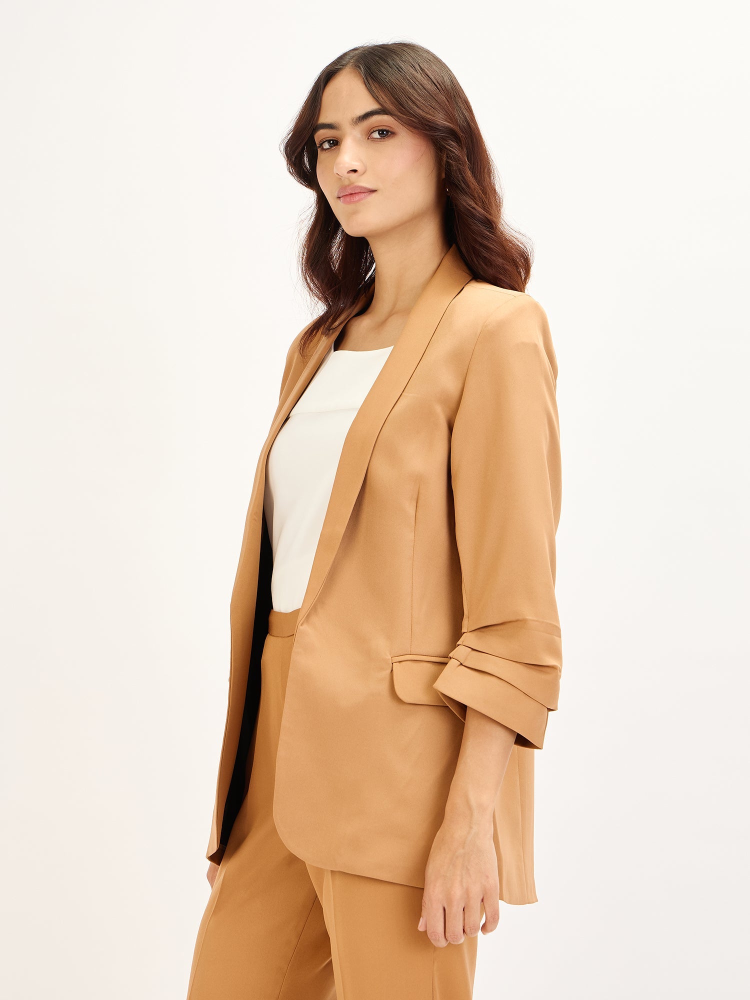 Spunky-Biscuit Brown Ruched Sleeve Blazer - Biscuit Brown