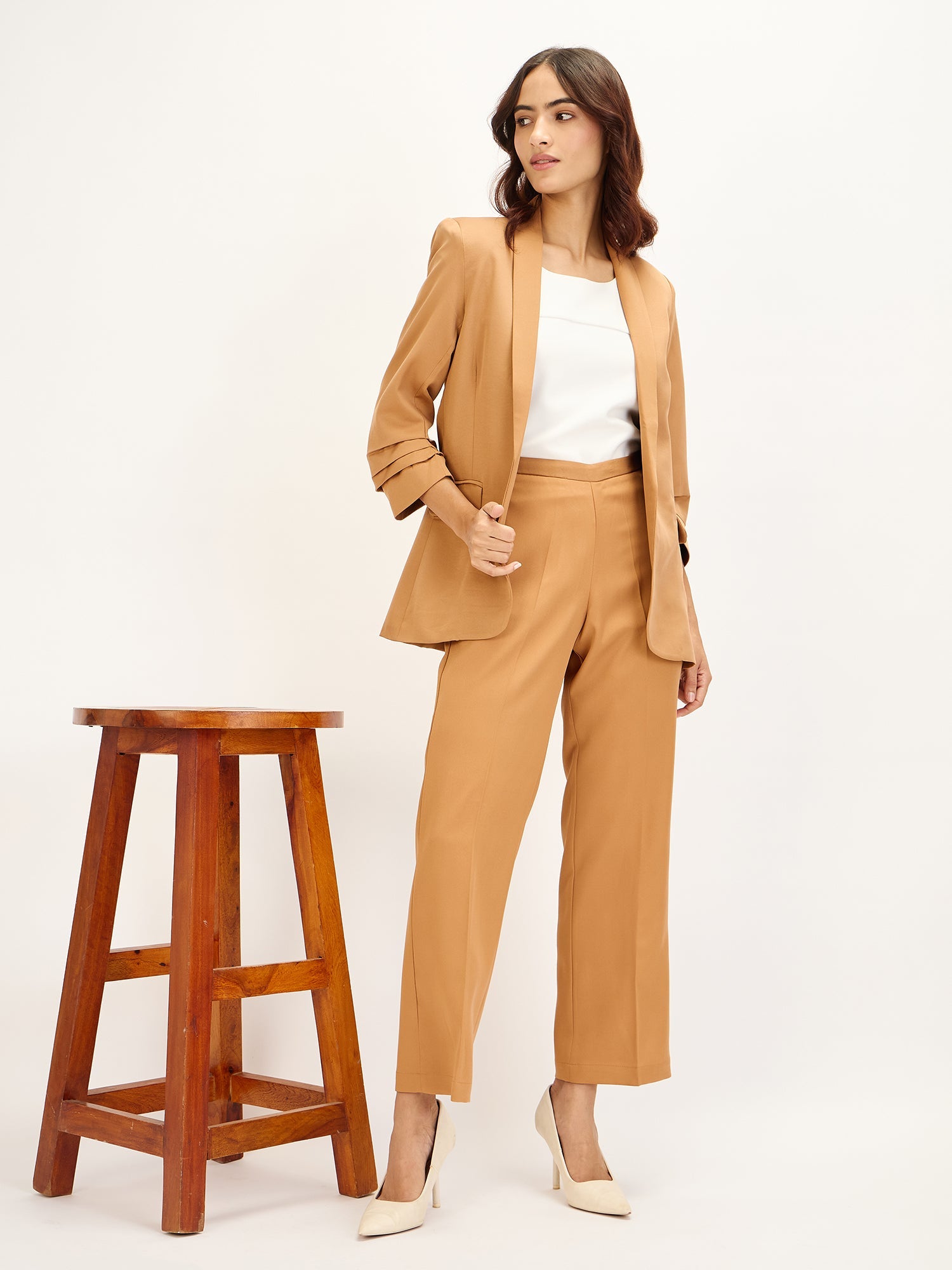 Spunky-Biscuit Brown Ruched Sleeve Blazer - Biscuit Brown