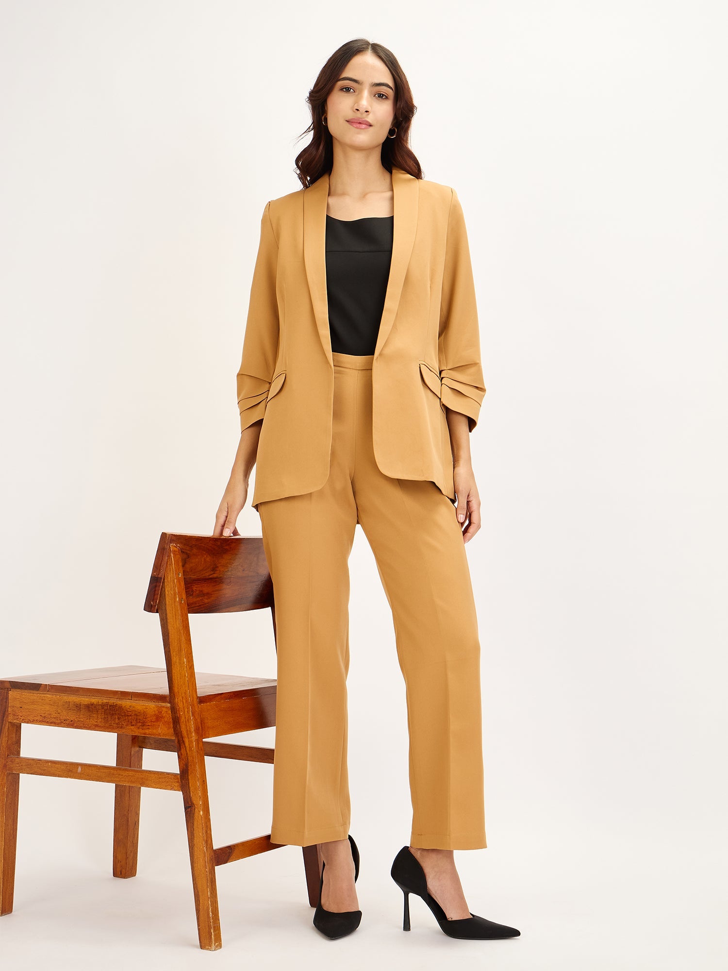Spunky-Dune Ruched Sleeve Blazer - Dune