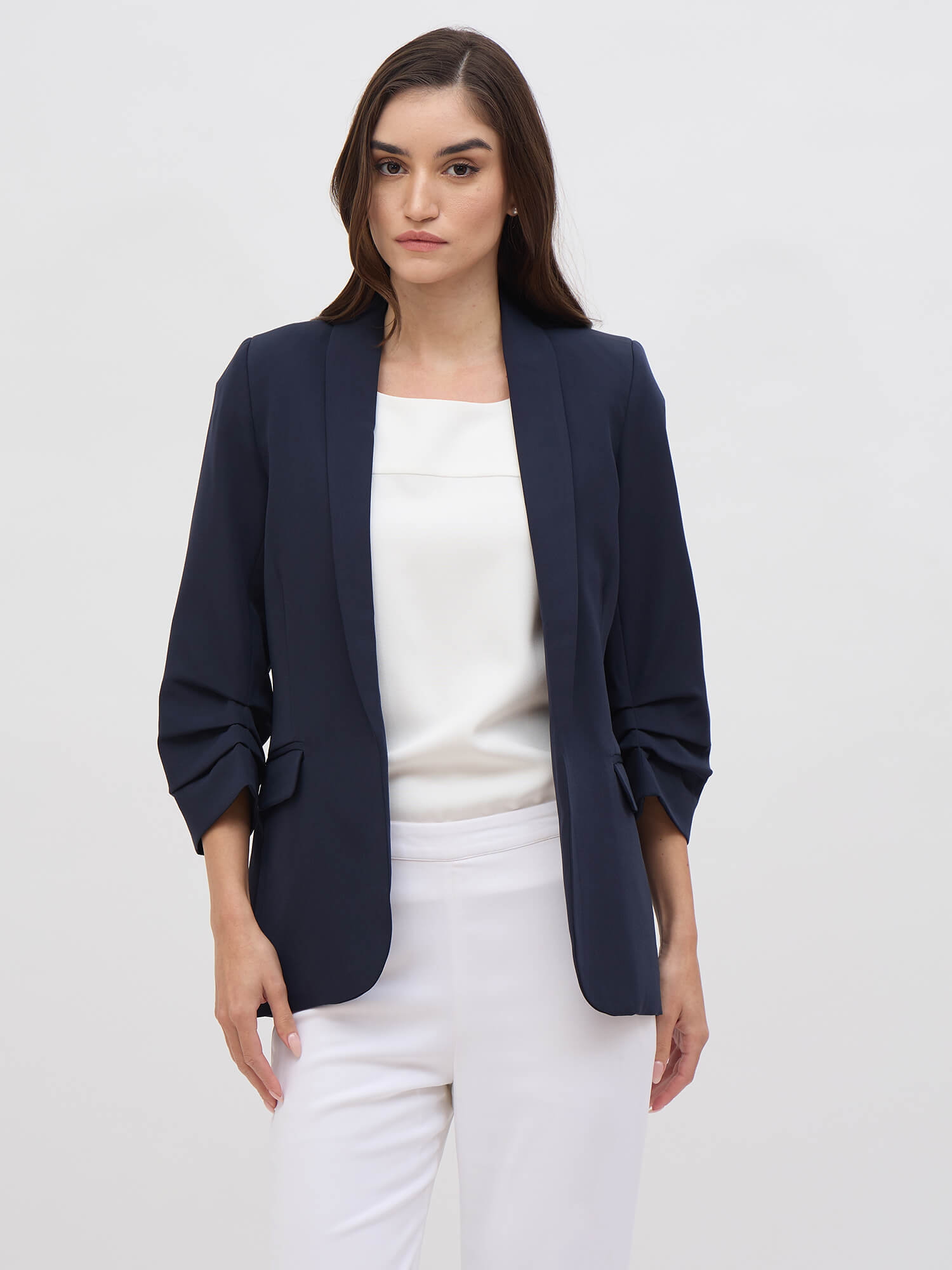 Spunky Ruched Sleeve Blazer-Navy