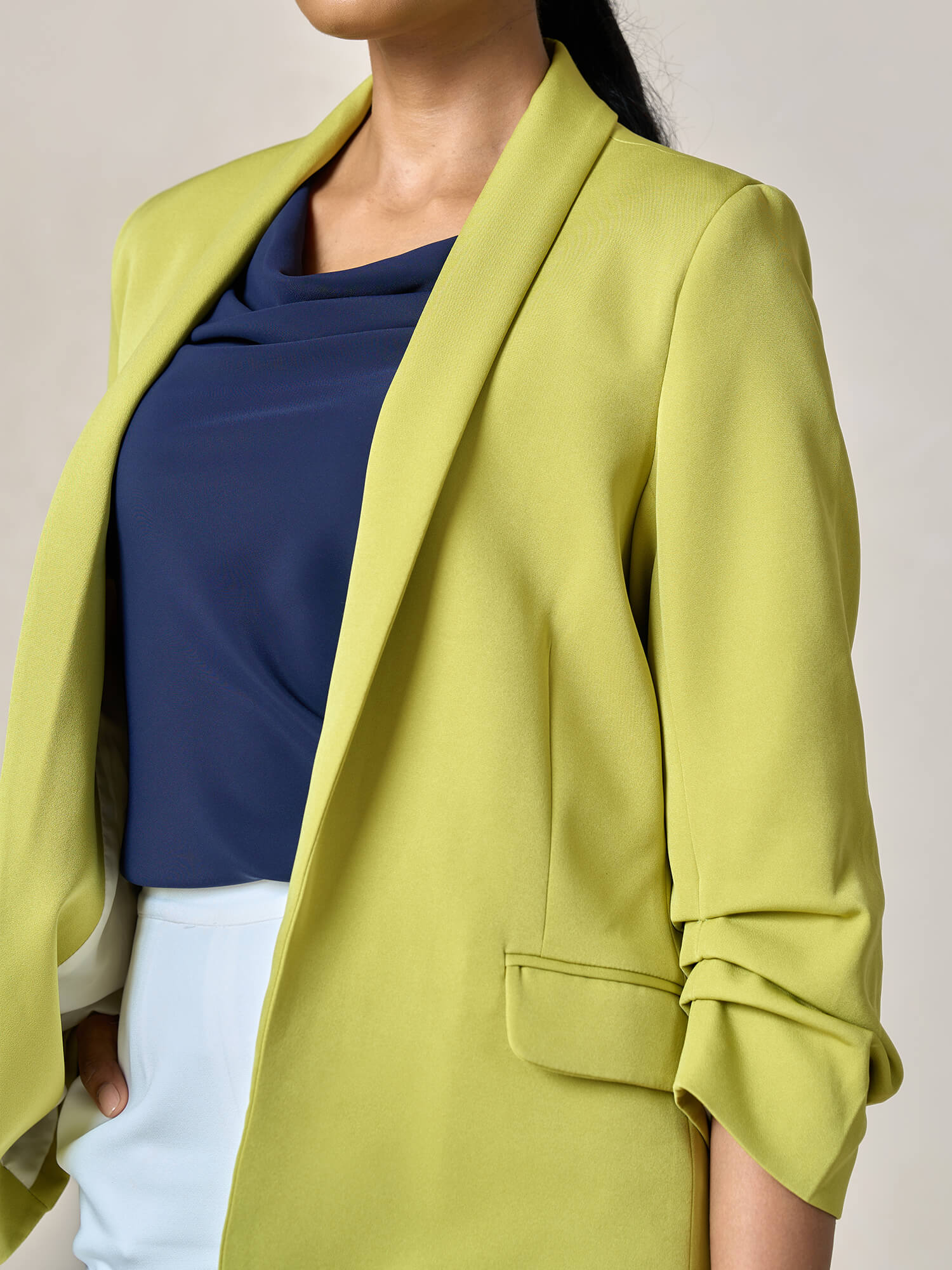 Spunky Ruched Sleeve Blazer-Lime