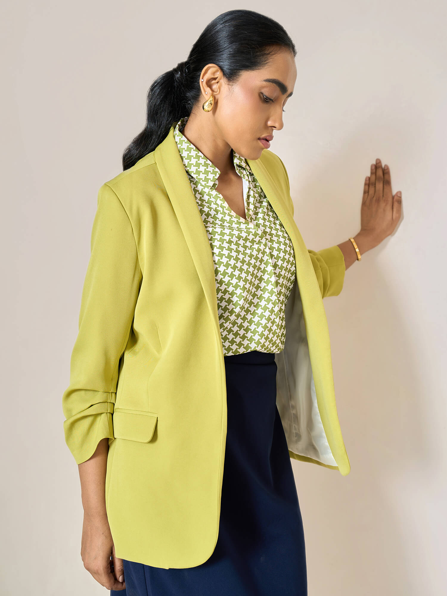Spunky Ruched Sleeve Blazer-Lime