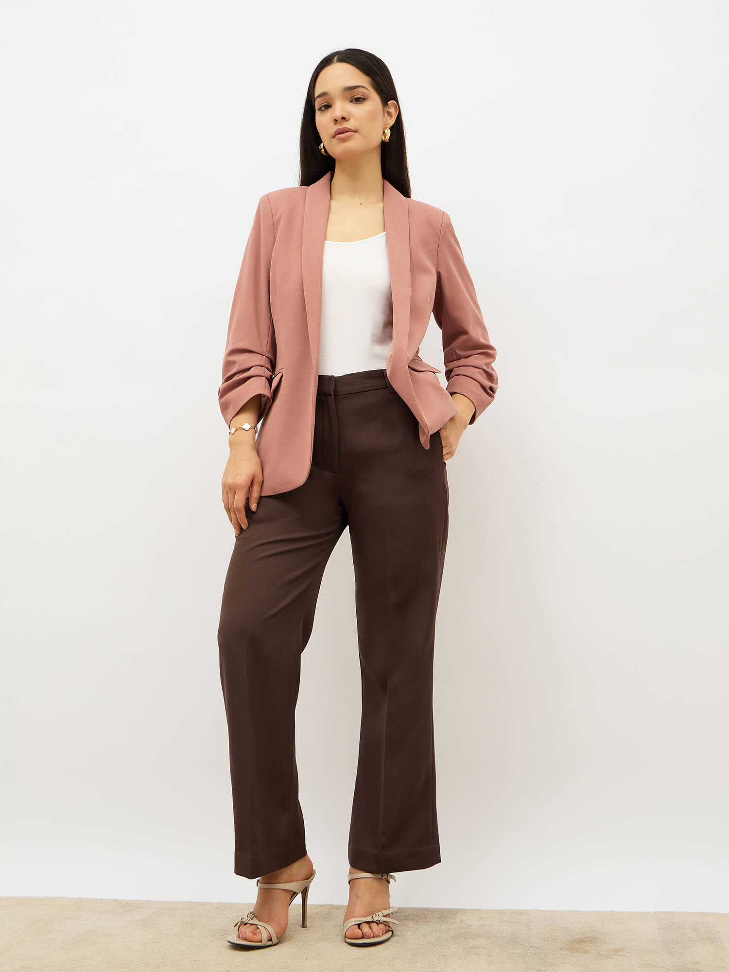 Spunky Ruched Sleeve Blazer-Dusty Pink