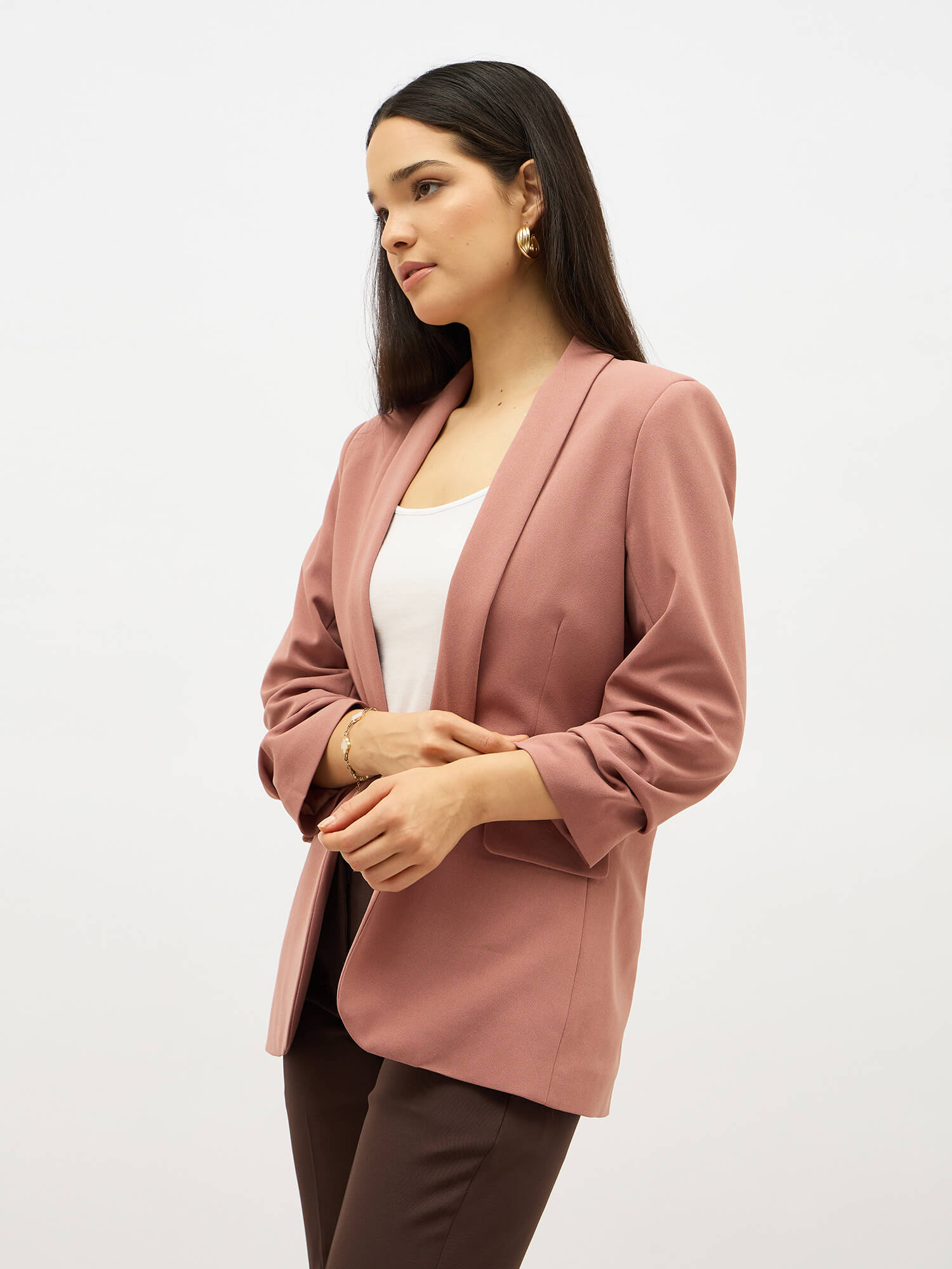 Spunky Ruched Sleeve Blazer-Dusty Pink