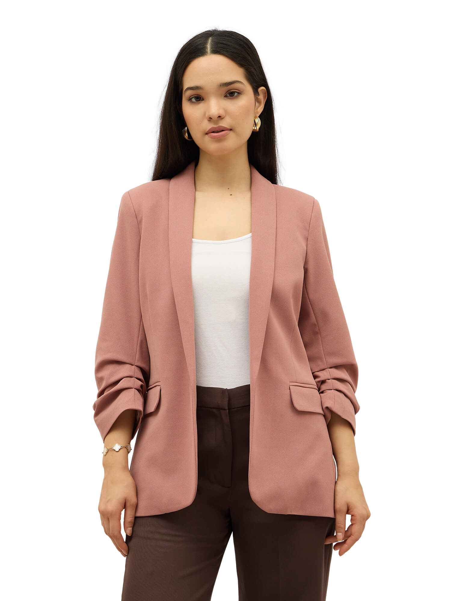 Spunky Ruched Sleeve Blazer-Dusty Pink