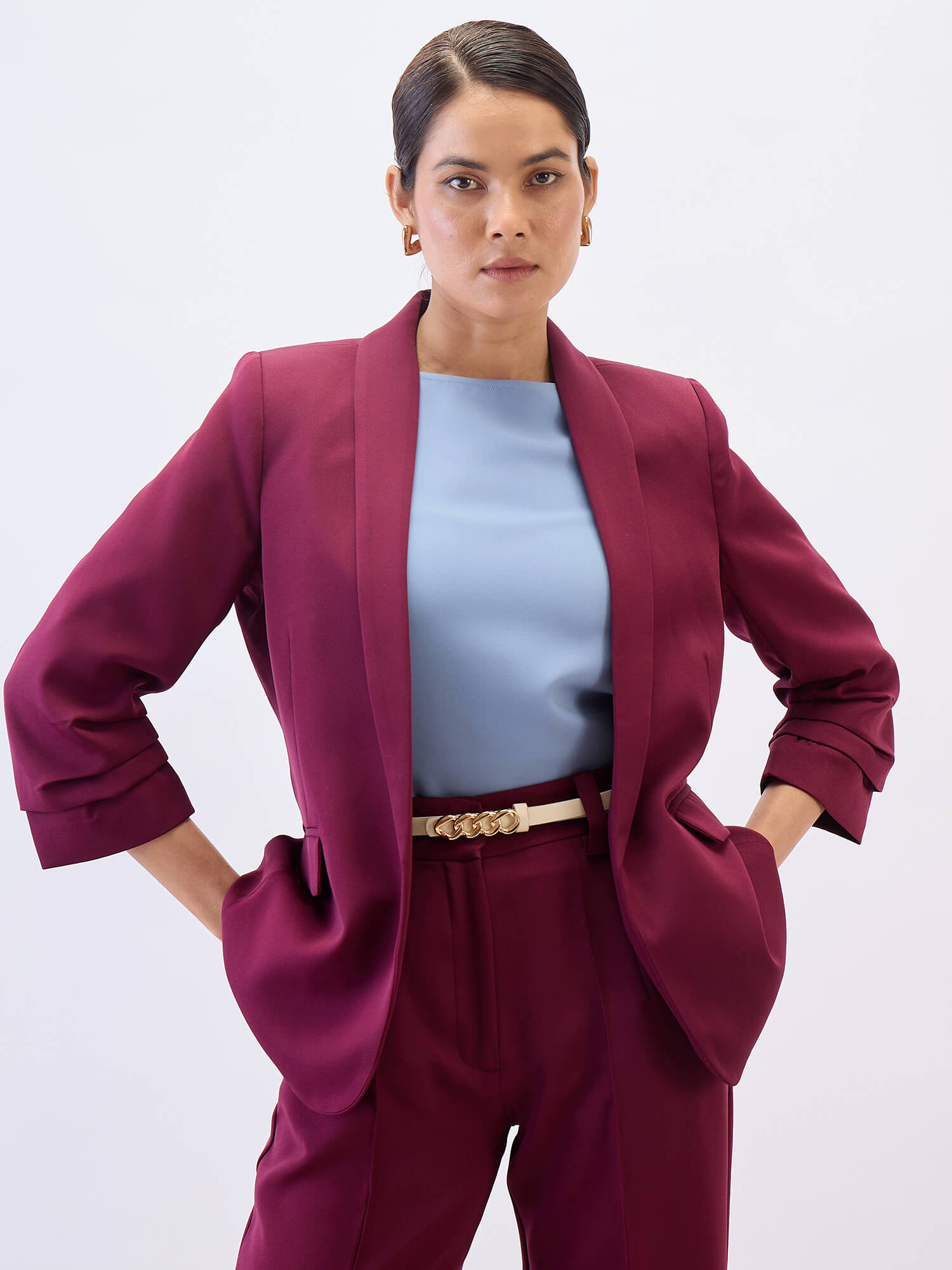 Spunky Ruched Sleeve Blazer-Wine