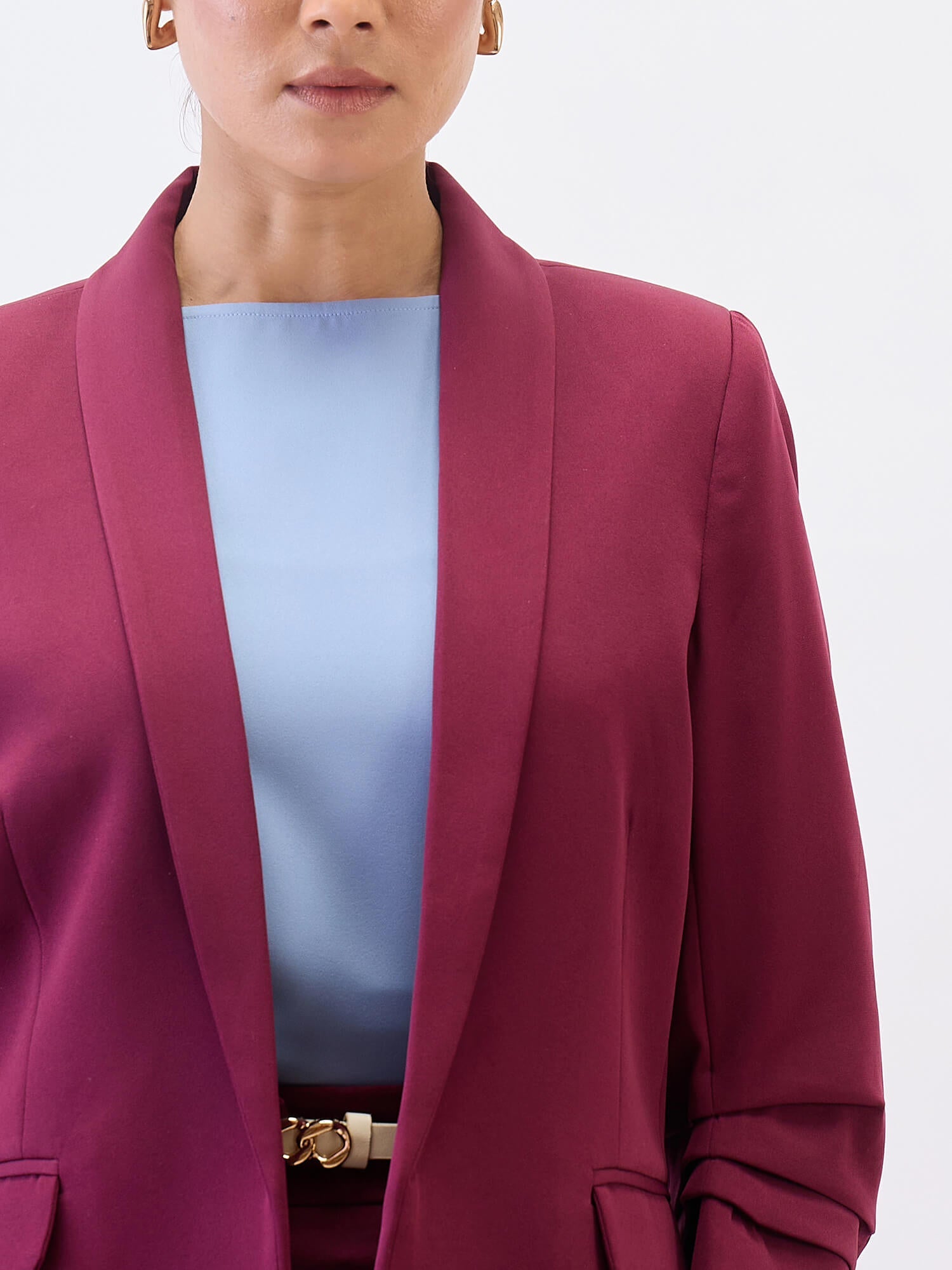 Spunky Ruched Sleeve Blazer-Wine