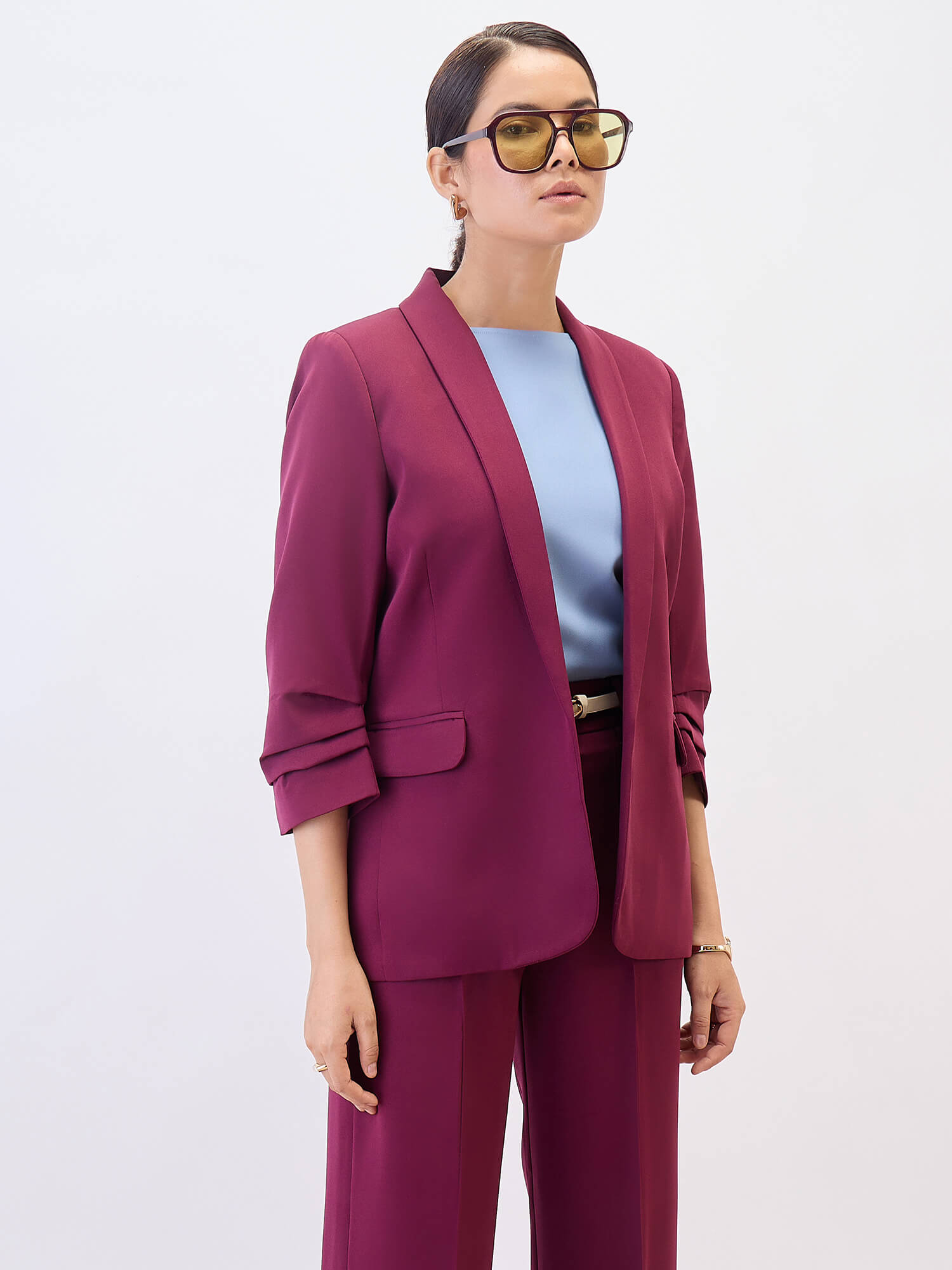 Spunky Ruched Sleeve Blazer-Wine