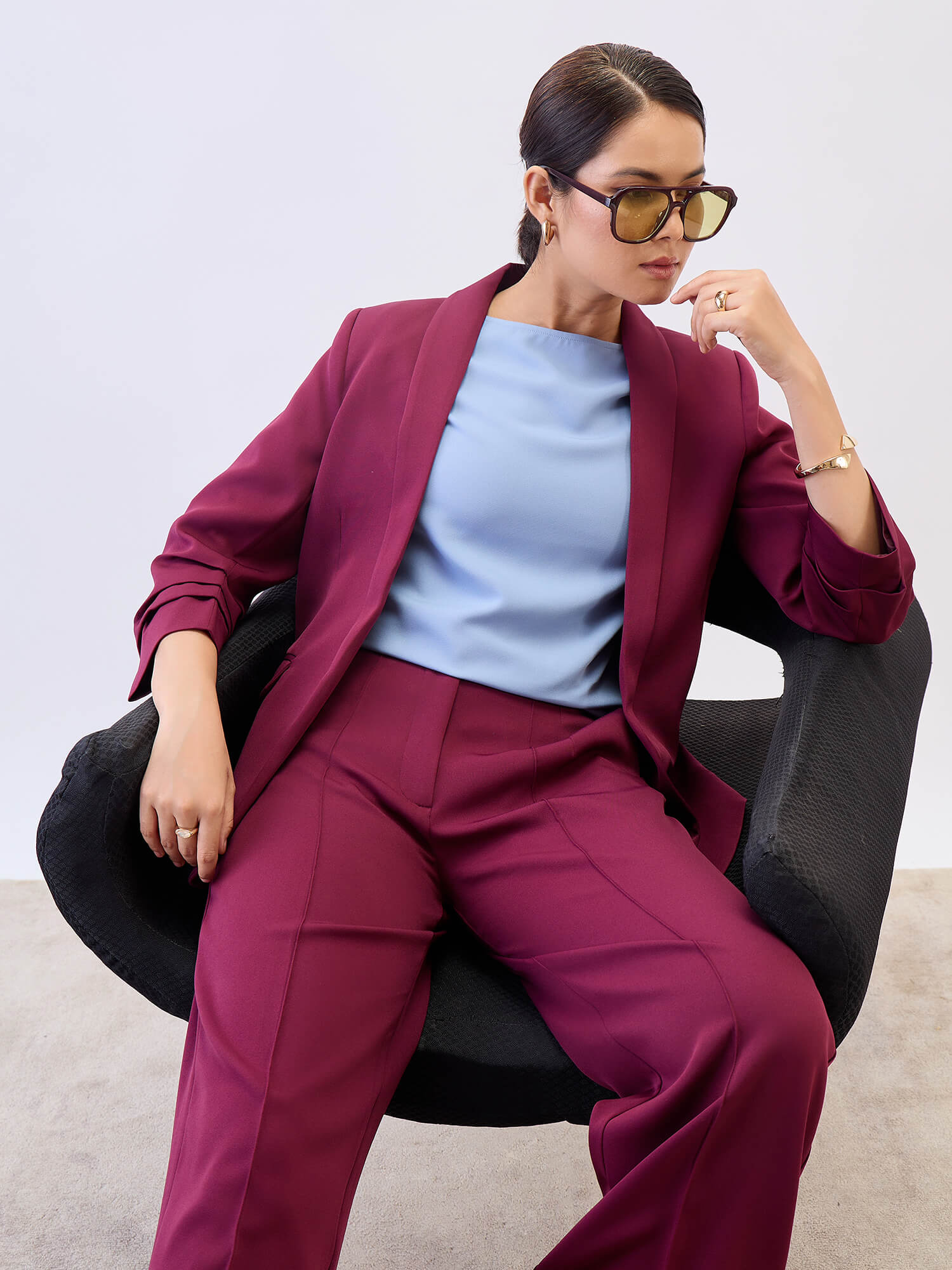 Spunky Ruched Sleeve Blazer-Wine