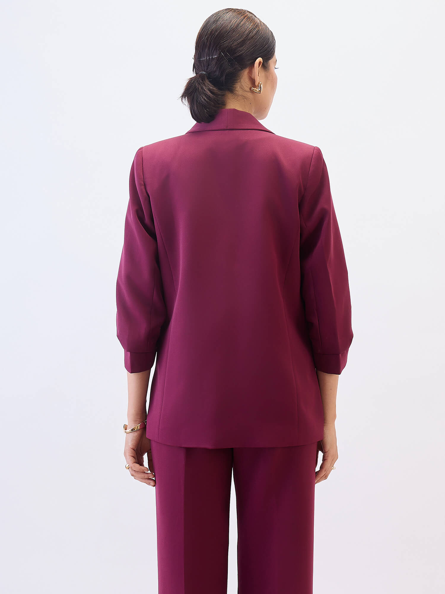 Spunky Ruched Sleeve Blazer-Wine
