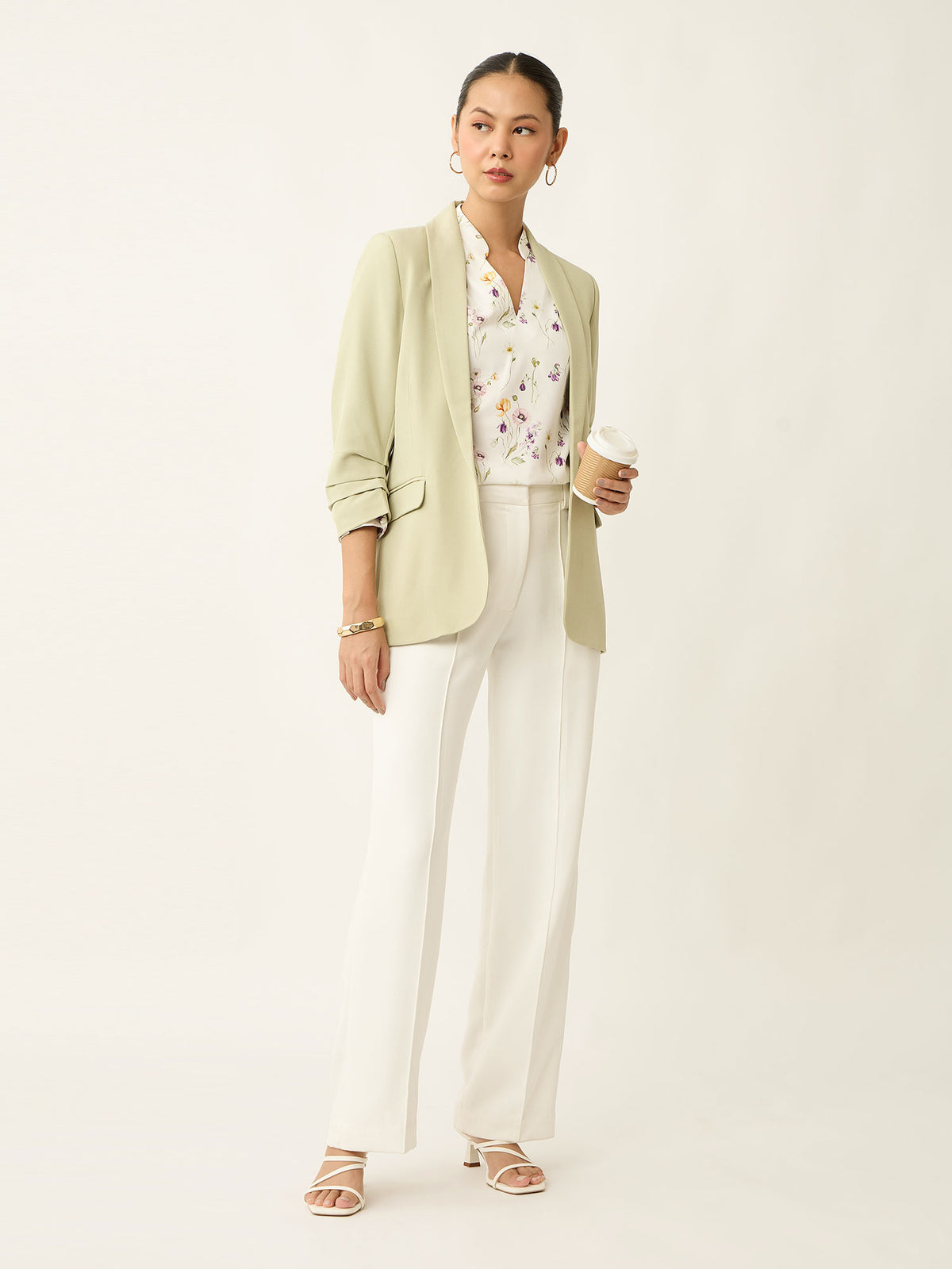 Spunky Ruched Sleeve Blazer-Mint Green