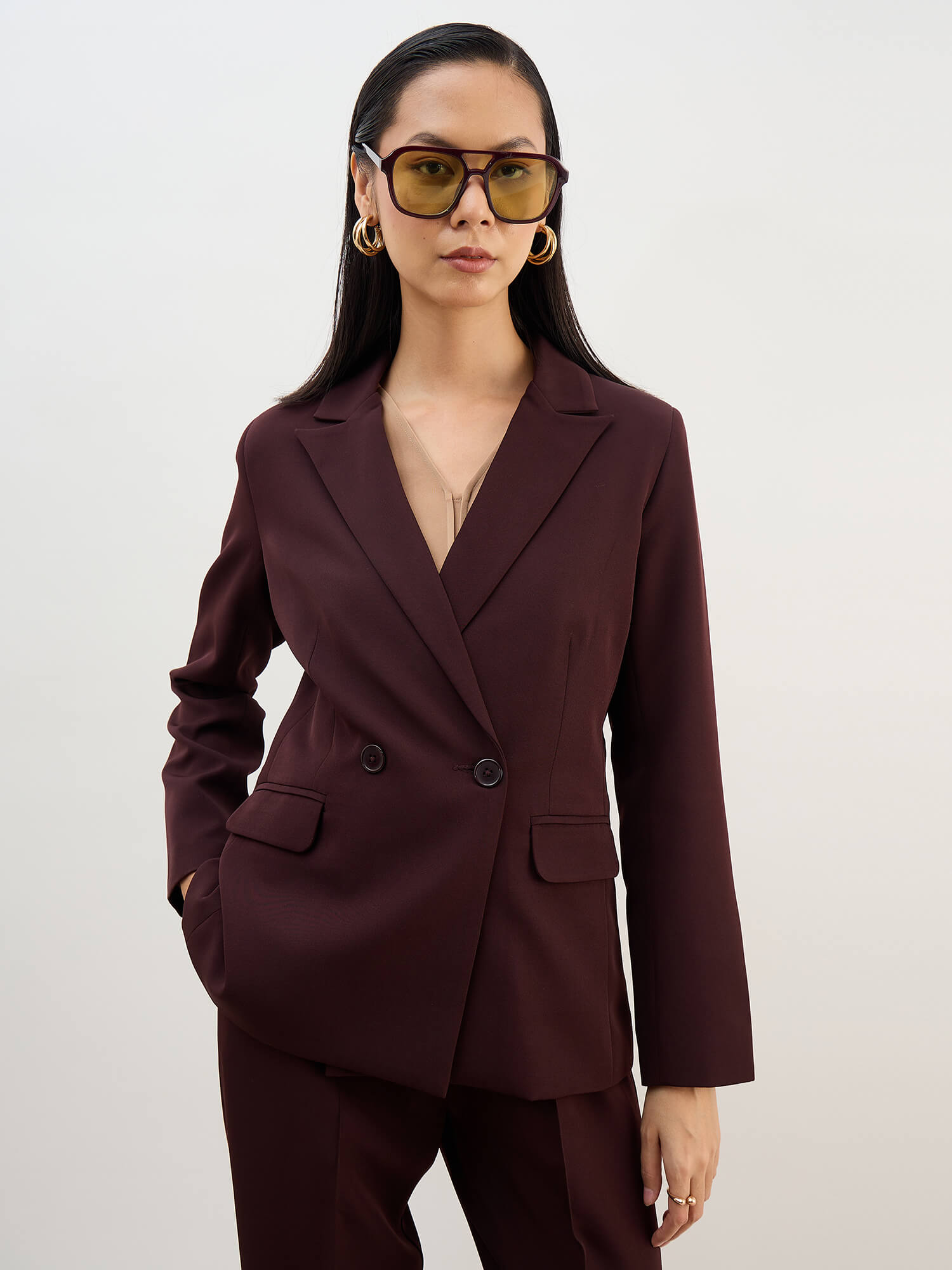 Bold Double Breasted Blazer-Brown