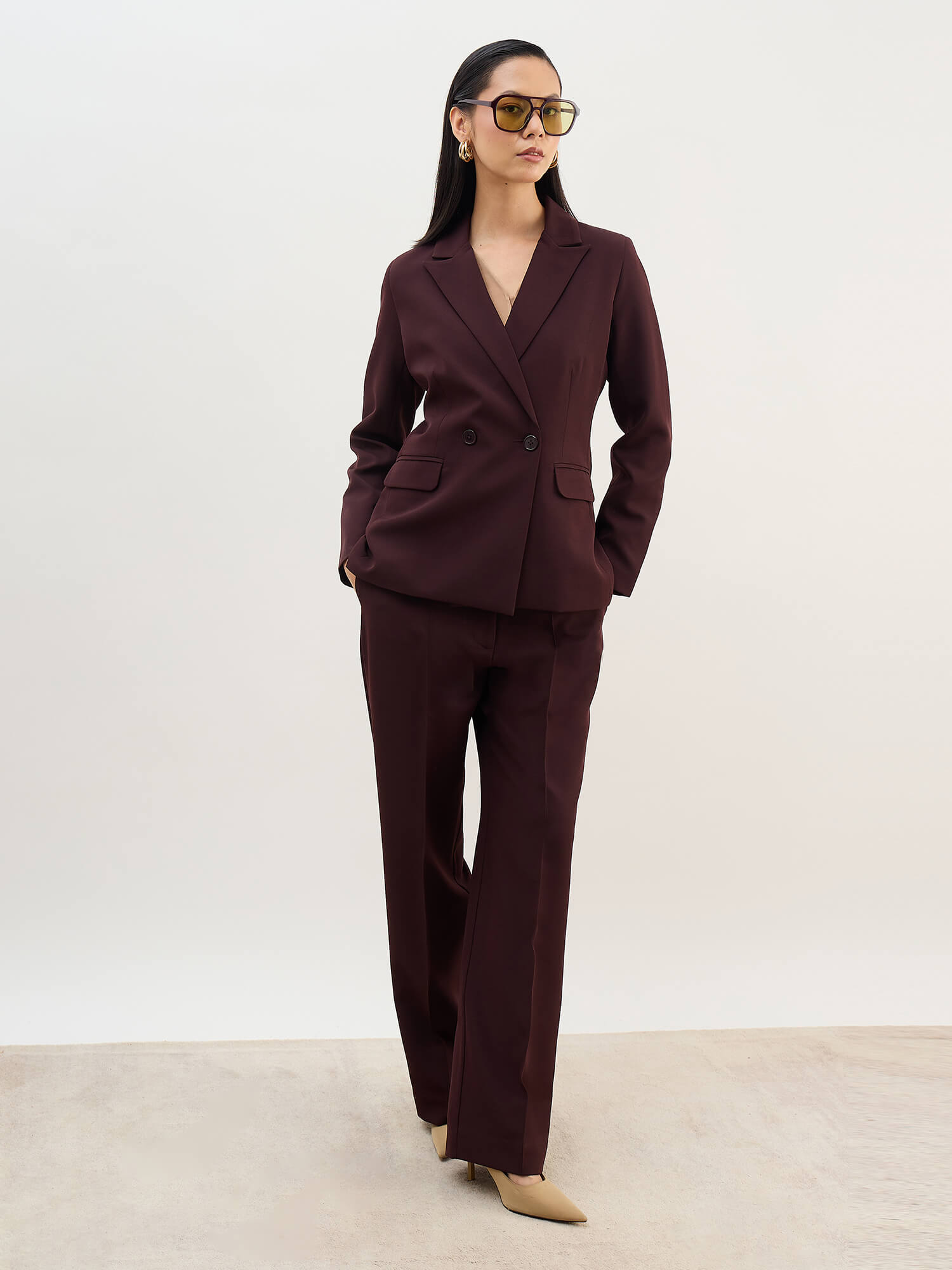 Bold Double Breasted Blazer-Brown