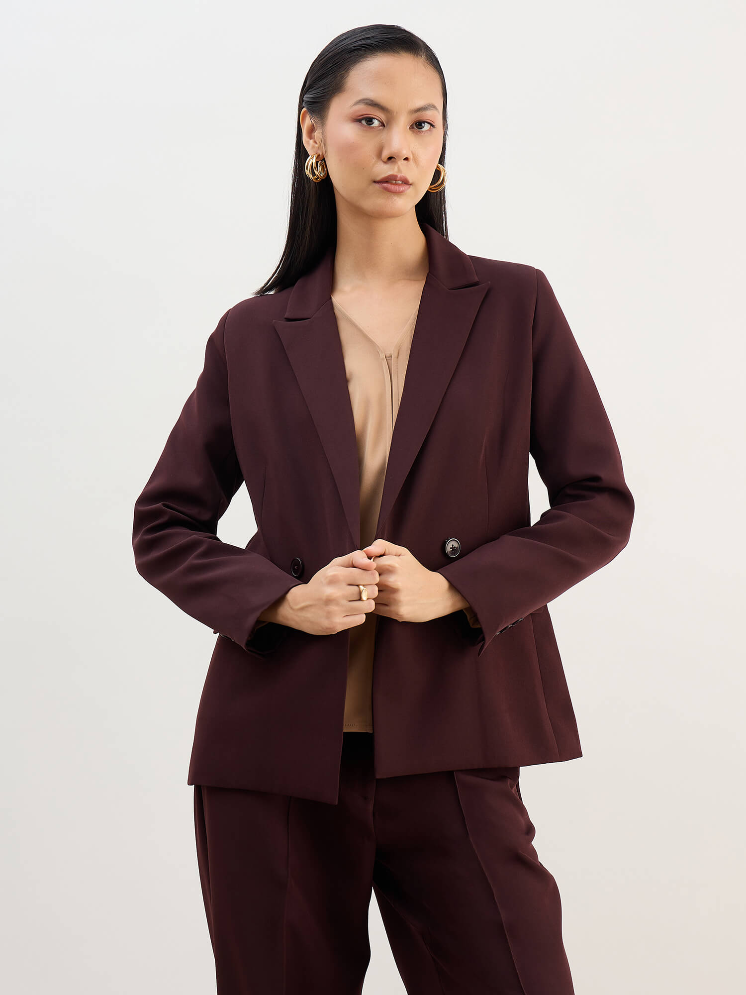 Bold Double Breasted Blazer-Brown