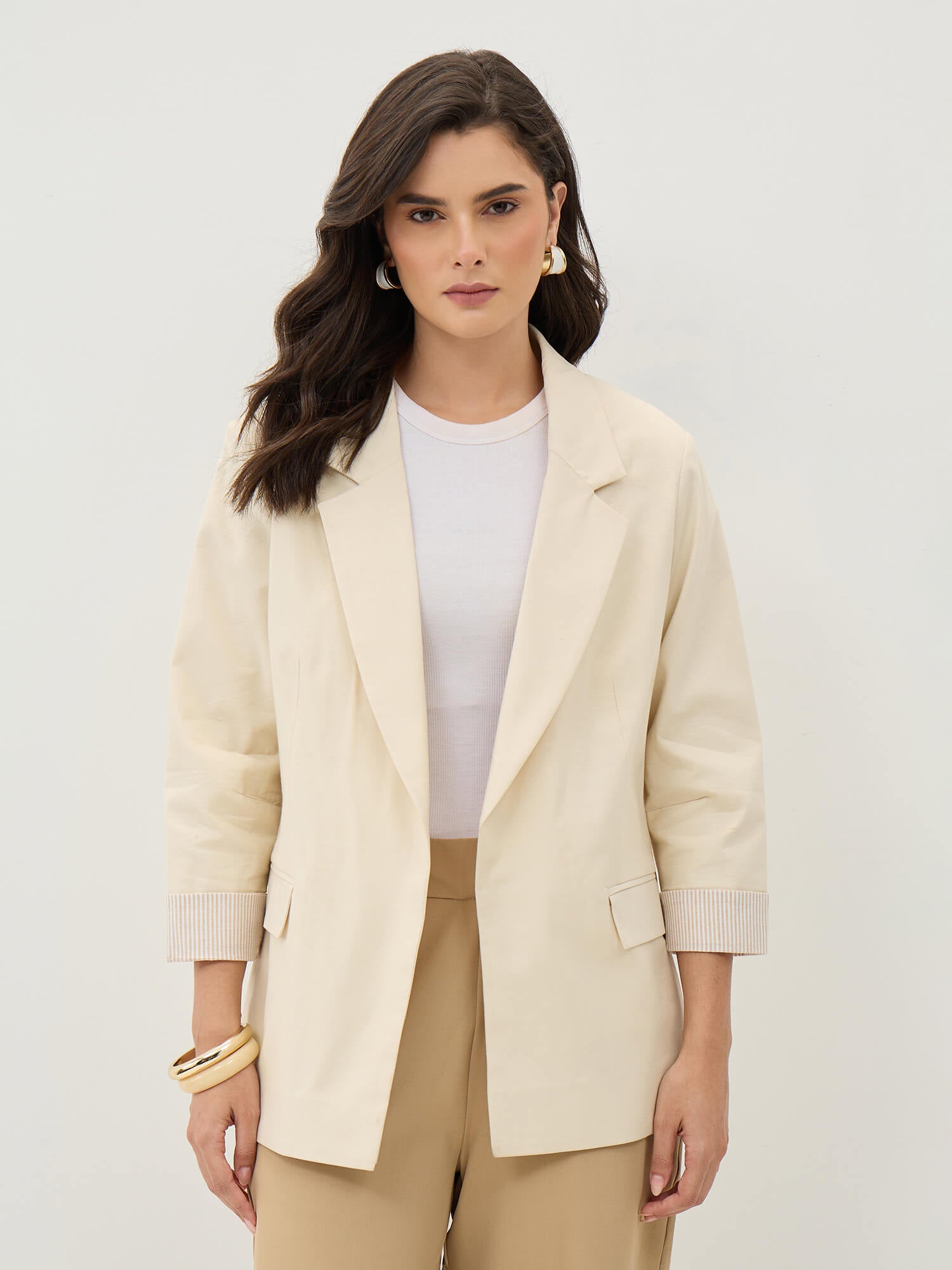 Zephyr Rolled Up Sleeves Blazer-Beige - SALT Attire