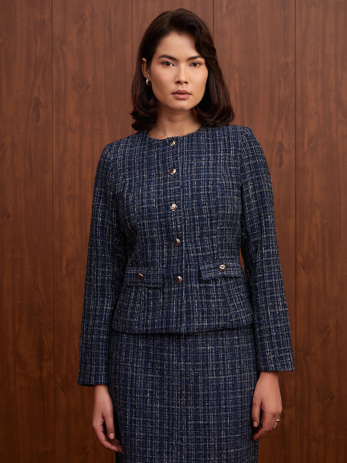 Elara Waist Flap Slim Fit Tweed Blazer-Navy