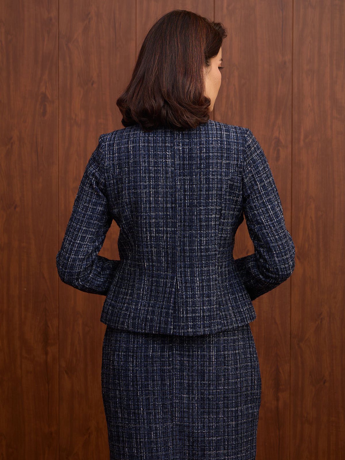 Elara Waist Flap Slim Fit Tweed Blazer-Navy