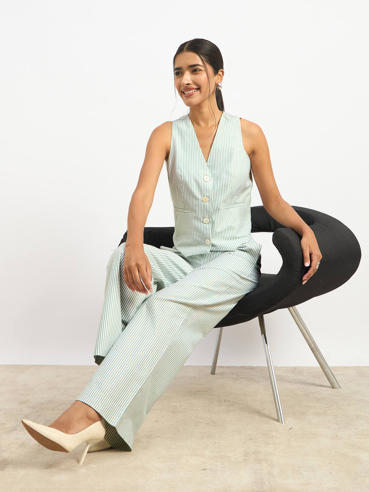 Momentum Striped Waistcoat and Pants Set - Light Green