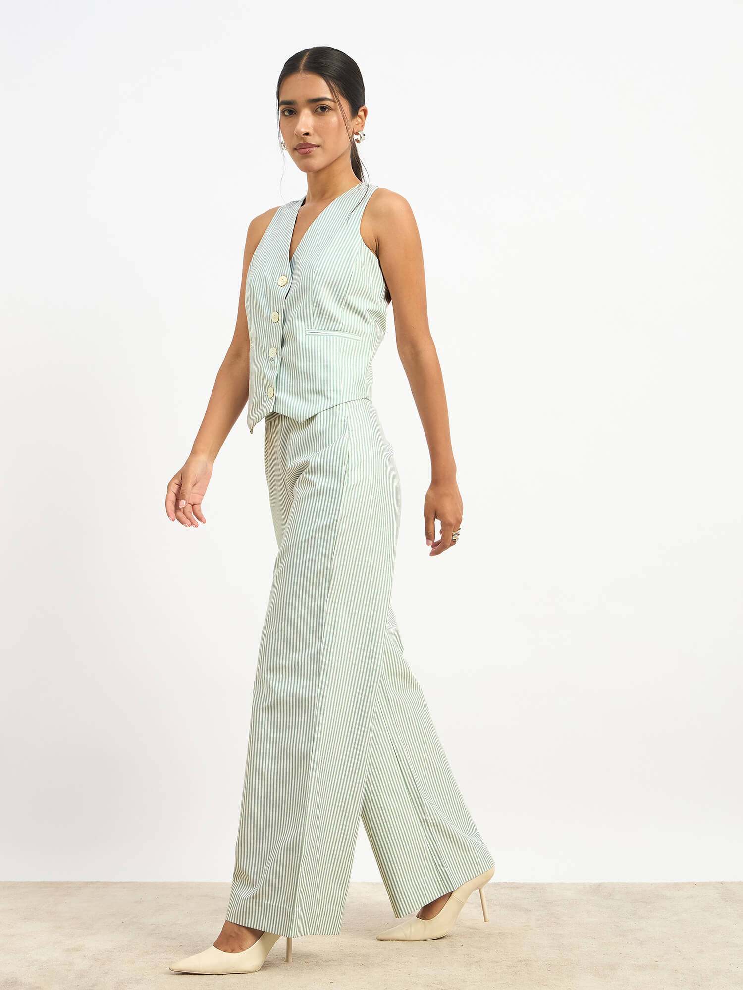 Momentum Striped Waistcoat and Pants Set - Light Green