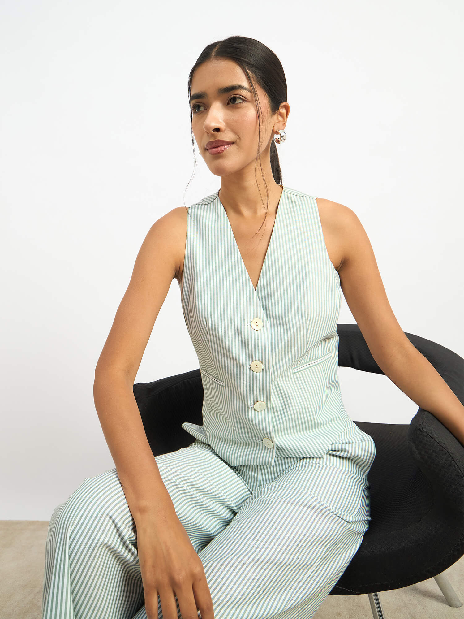 Momentum Striped Waistcoat and Pants Set - Light Green