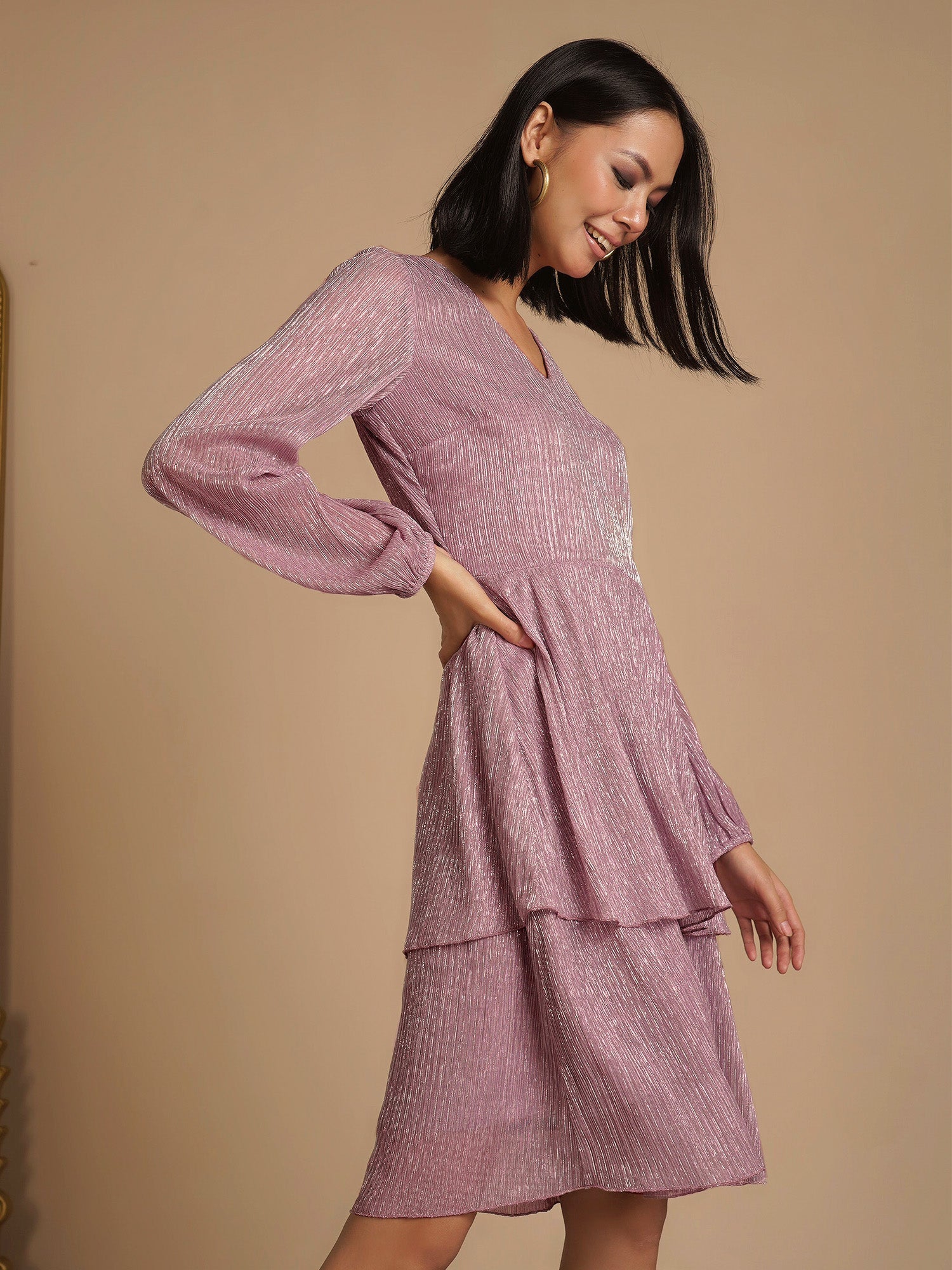 Kelly Plisse Tiered Dress-Pink