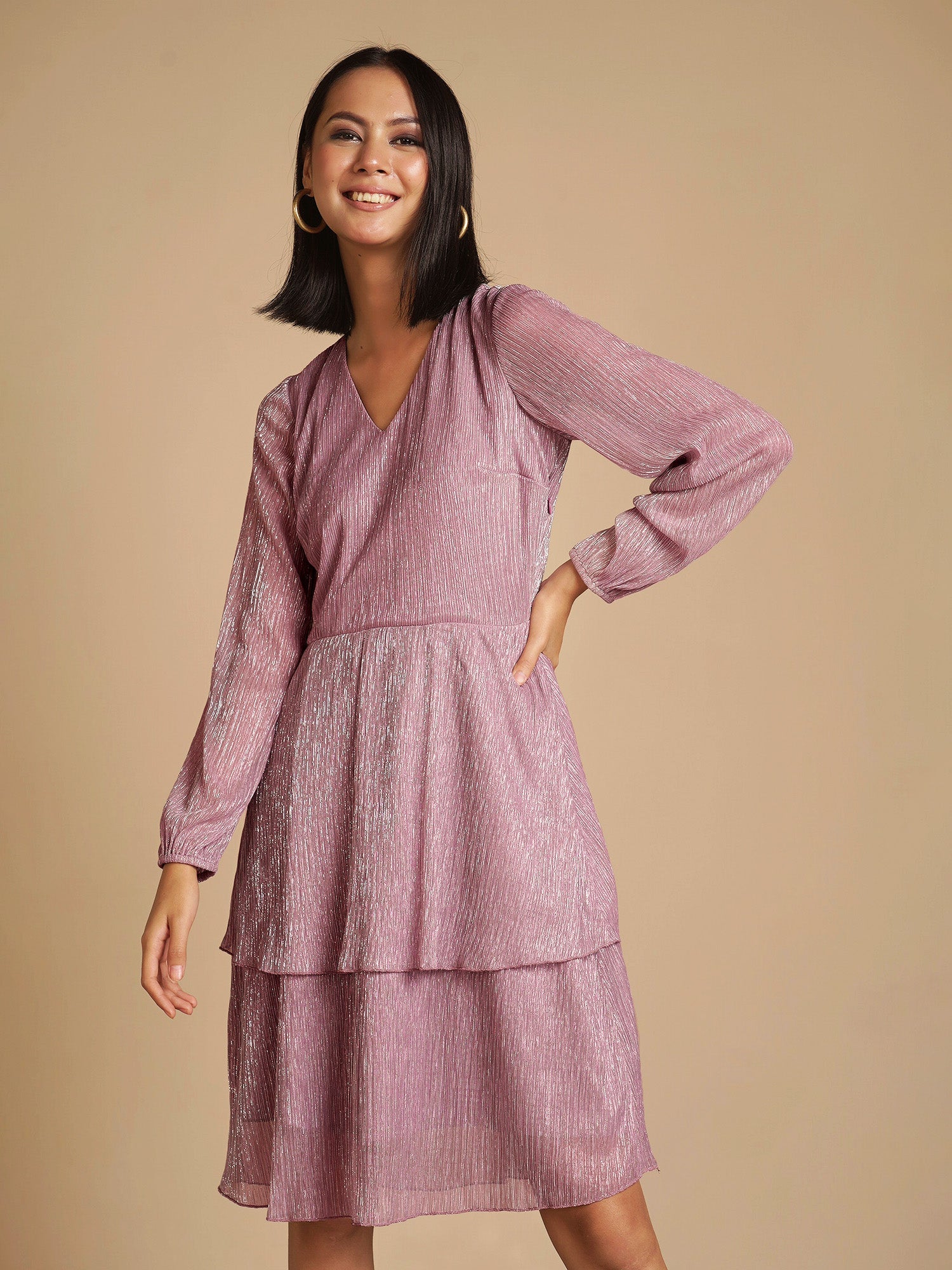 Kelly Plisse Tiered Dress-Pink