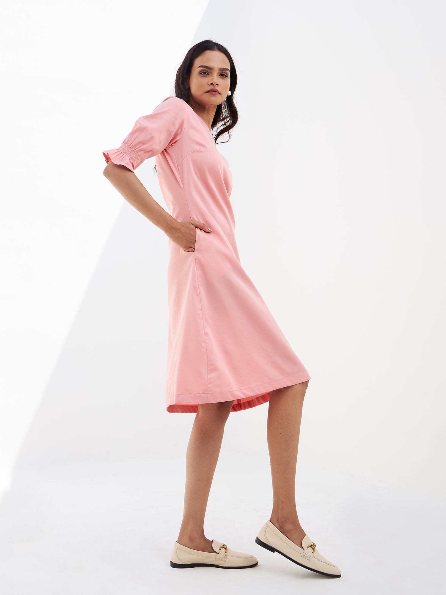 Roseate Smocked Sleeves Dress-Peach