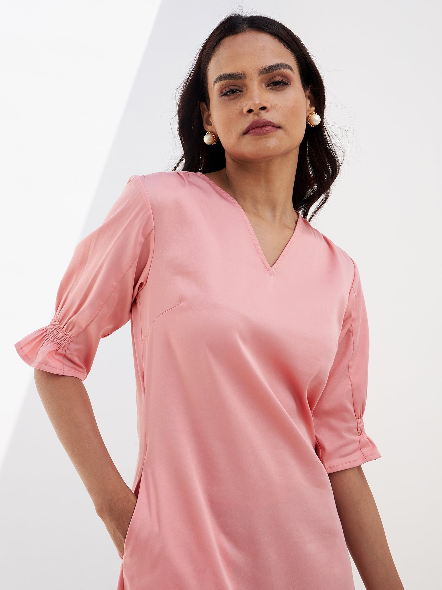 Roseate Smocked Sleeves Dress-Peach