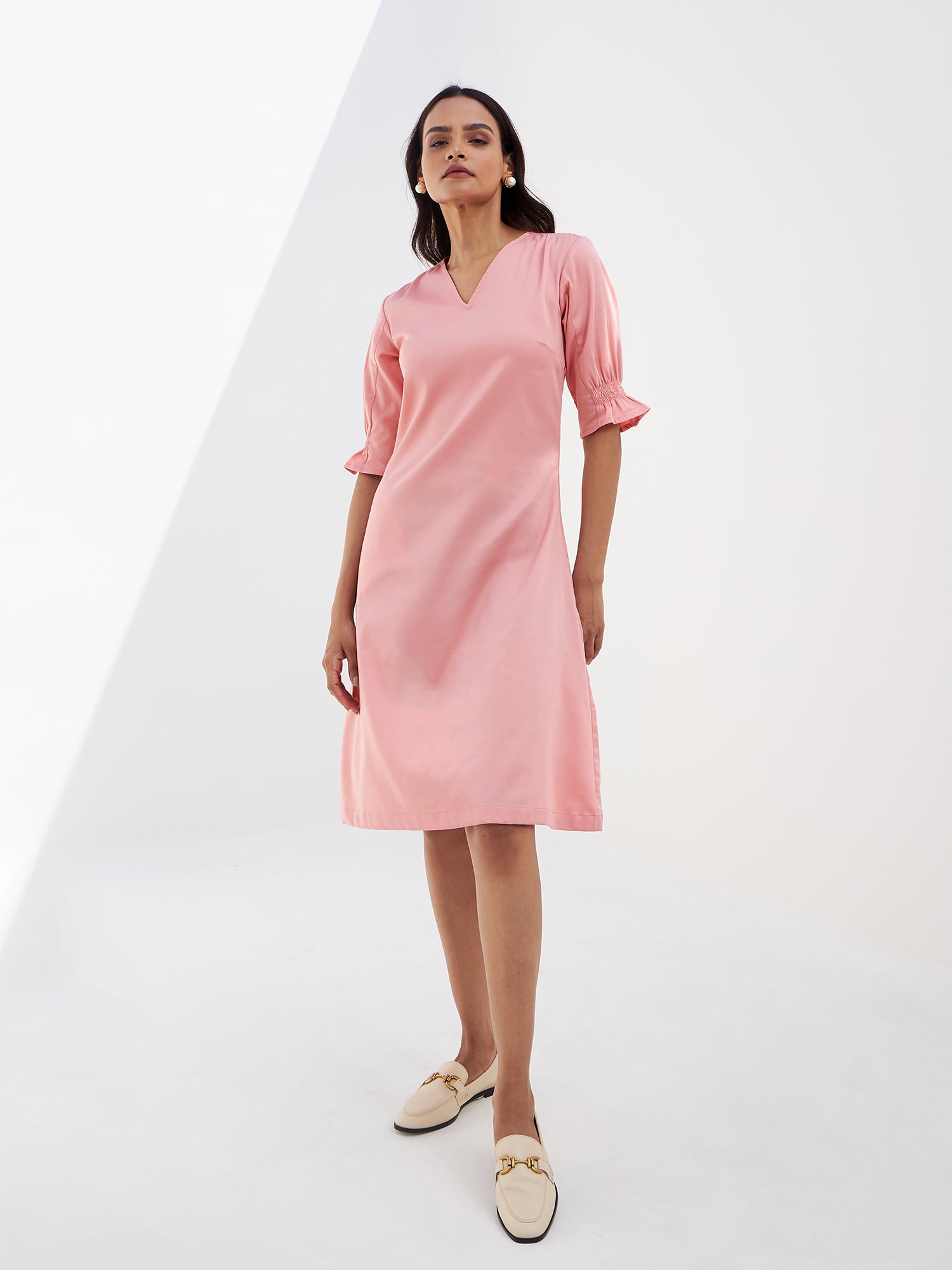 Roseate Smocked Sleeves Dress-Peach