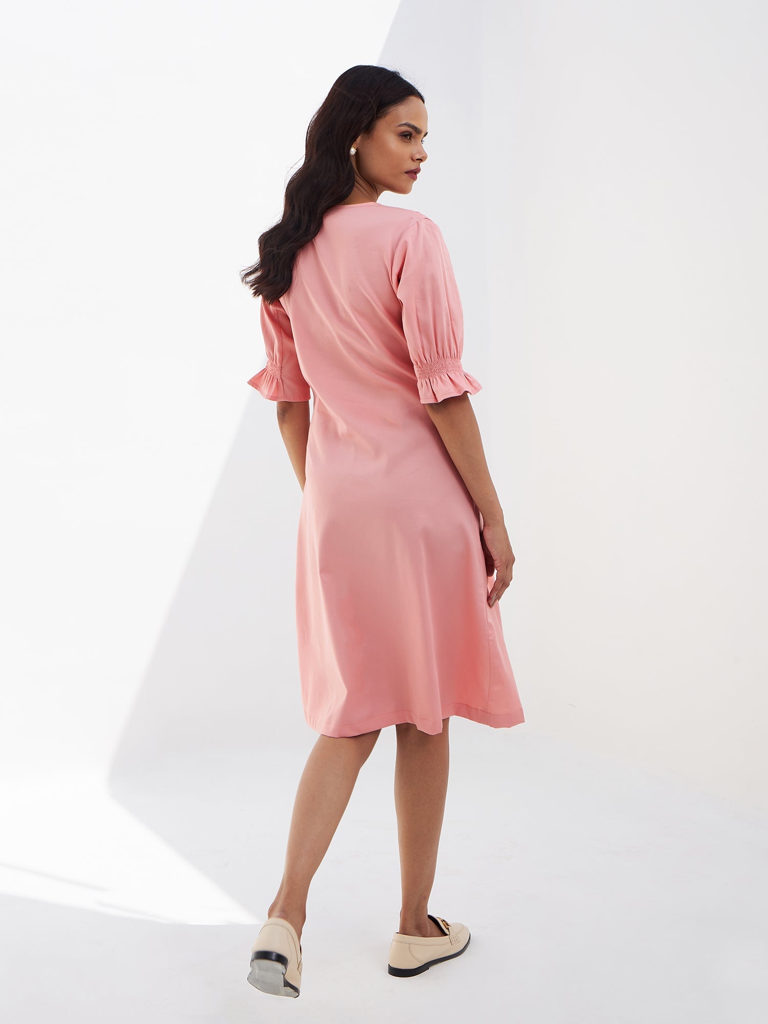 Roseate Smocked Sleeves Dress-Peach
