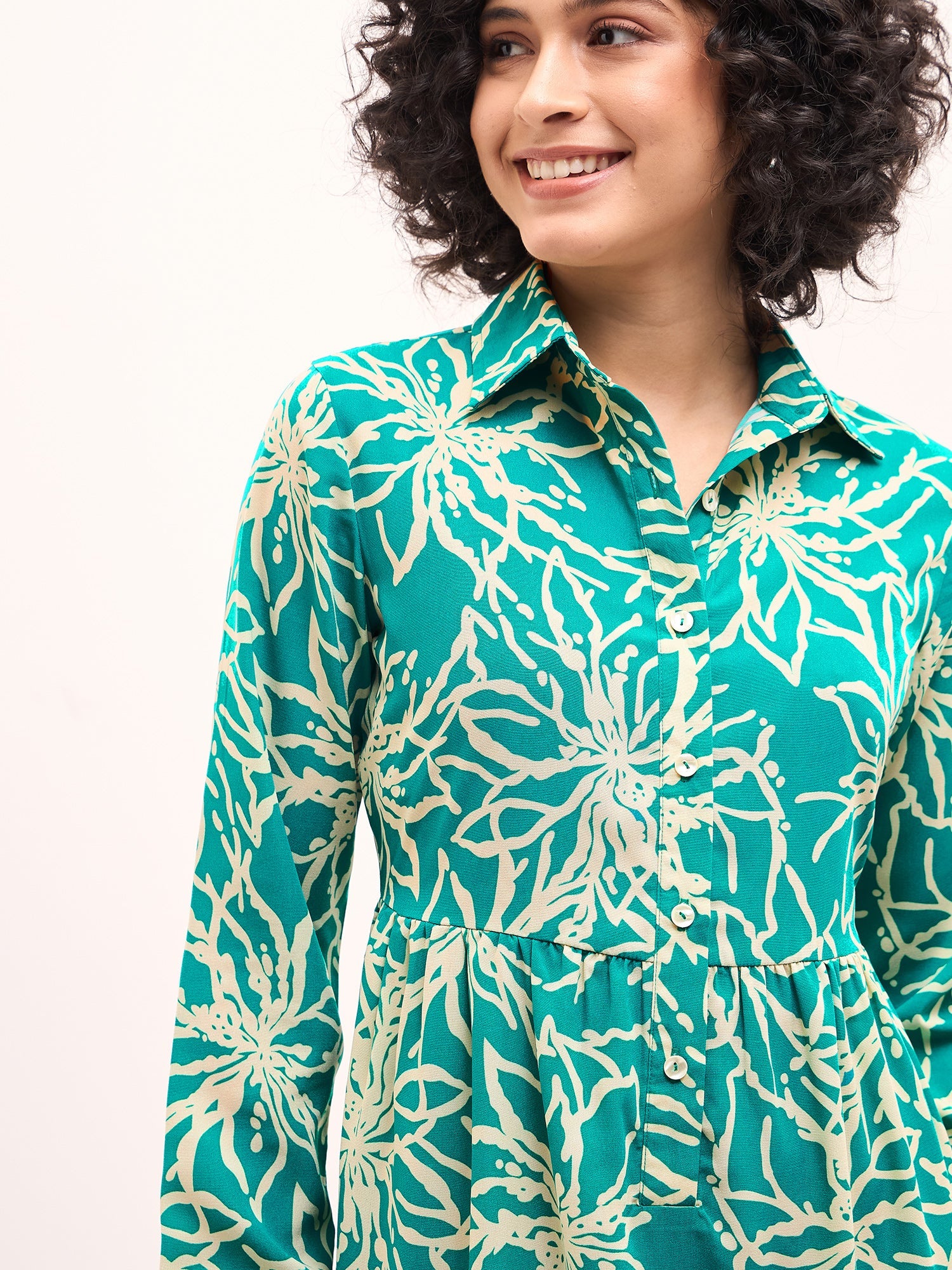 Lily Lagoon Floral Shirt Dress-Aquatic Blue/White