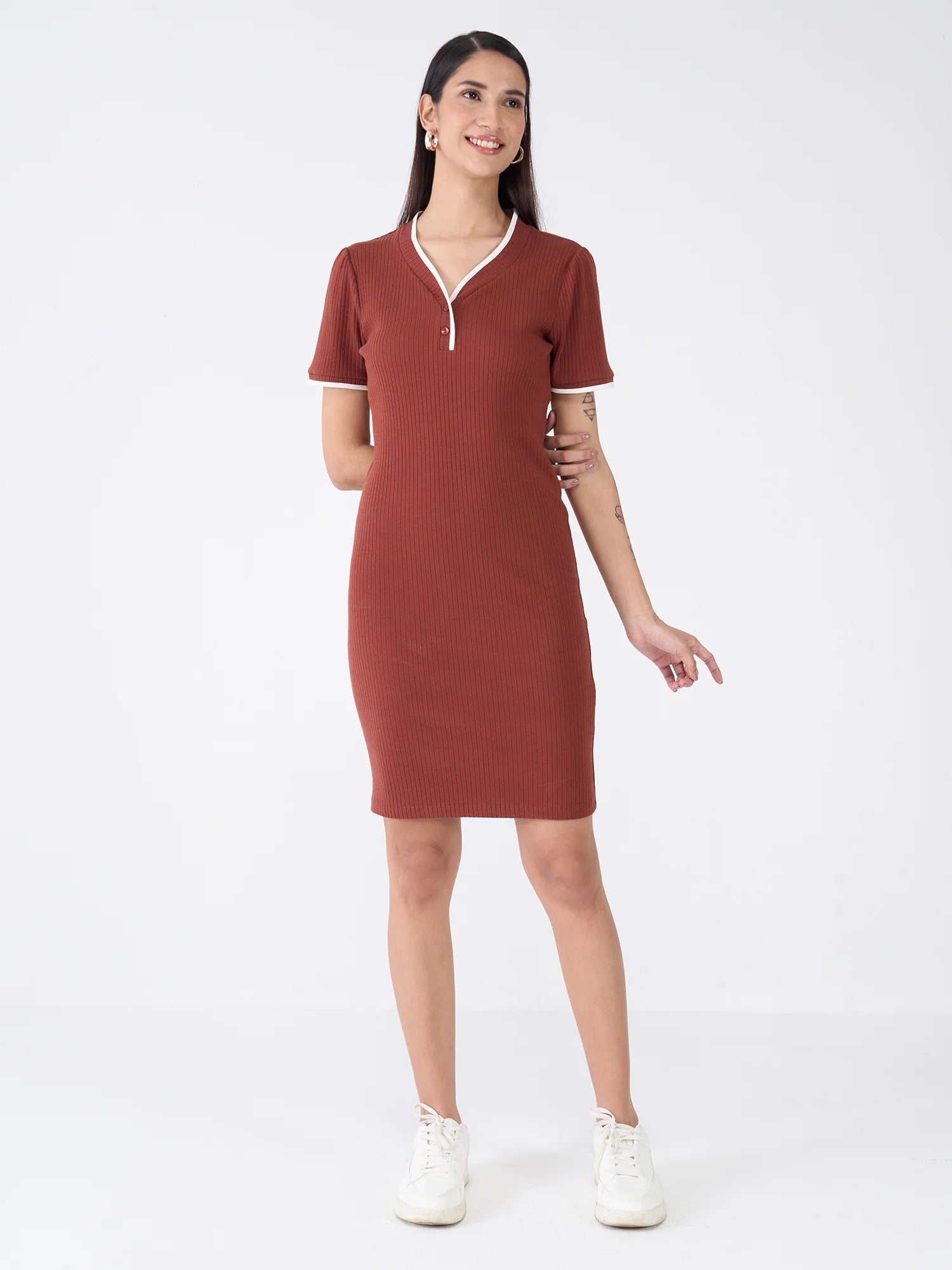 Mavis V Neck Rib Knit Dress-Brown/Beige