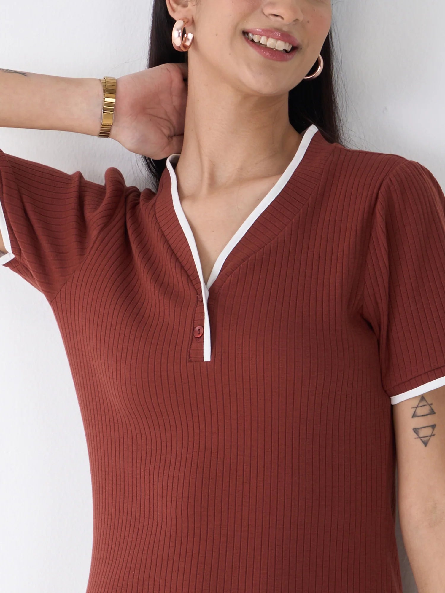 Mavis V Neck Rib Knit Dress-Brown/Beige