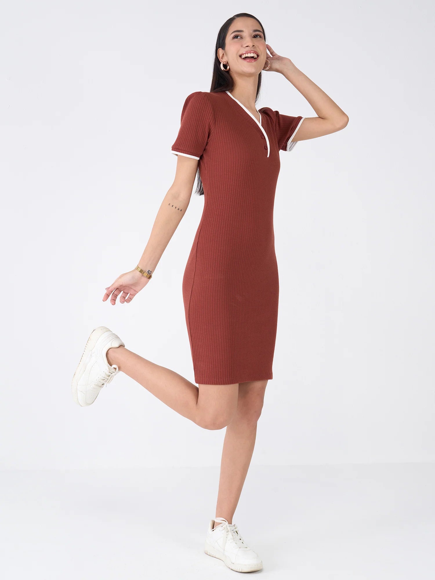 Mavis V Neck Rib Knit Dress-Brown/Beige