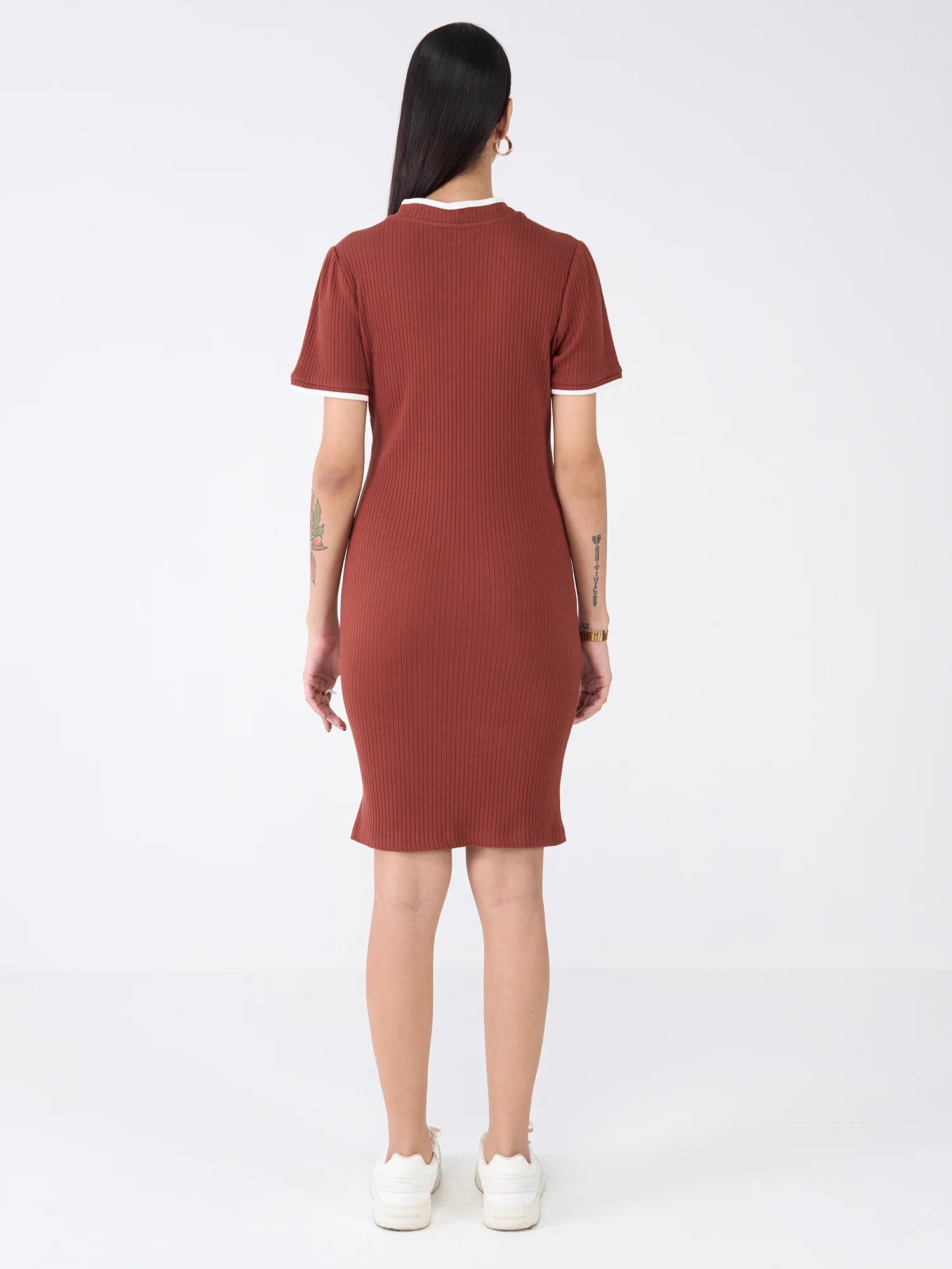 Mavis V Neck Rib Knit Dress-Brown/Beige