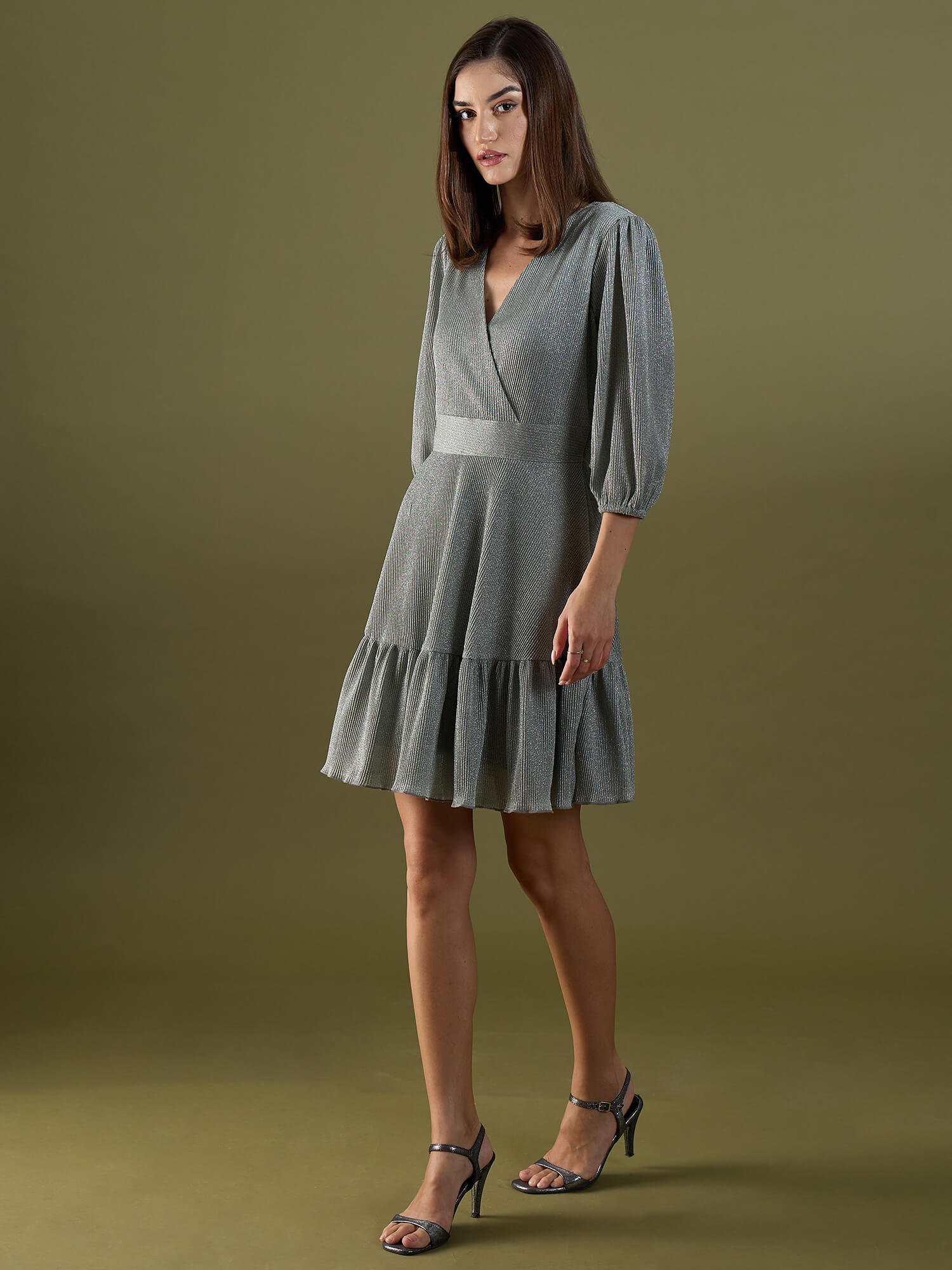 Lilith Plisse Tiered Dress - Grey