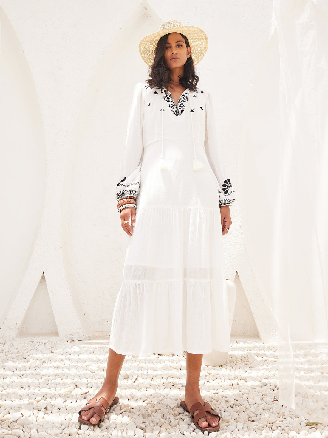 Bloom Bliss Embroidered Tiered Dress-White/Black