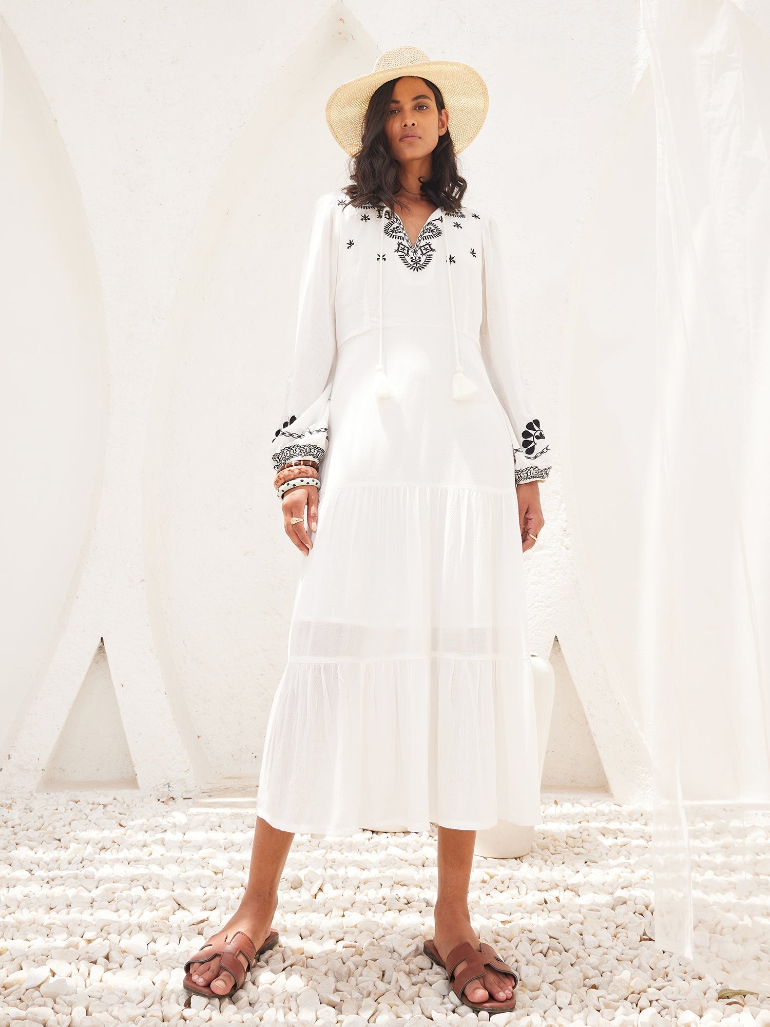 Bloom Bliss Embroidered Tiered Dress-White/Black
