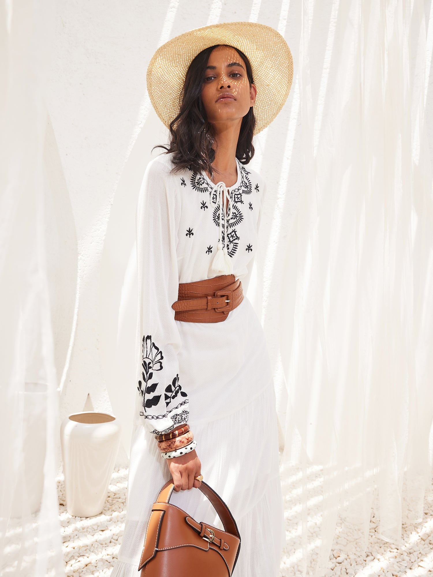 Bloom Bliss Embroidered Tiered Dress-White/Black