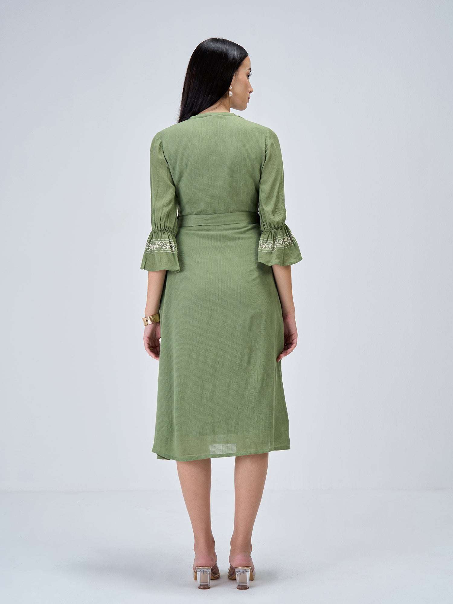 Forest Finesse Embroidered A-Line Dress-Olive/White