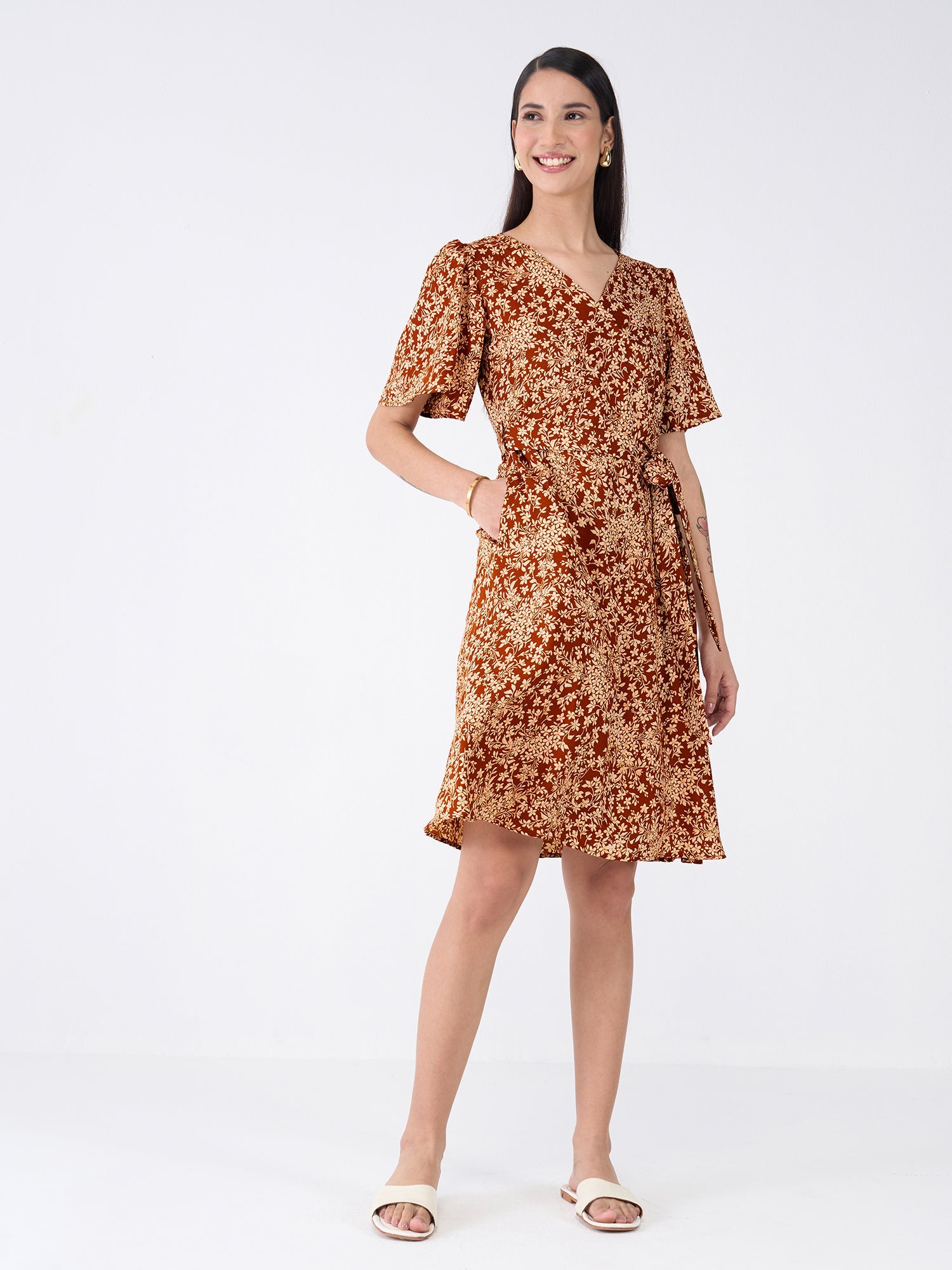 Carafe Floral Faux Wrap Dress-Multicolor