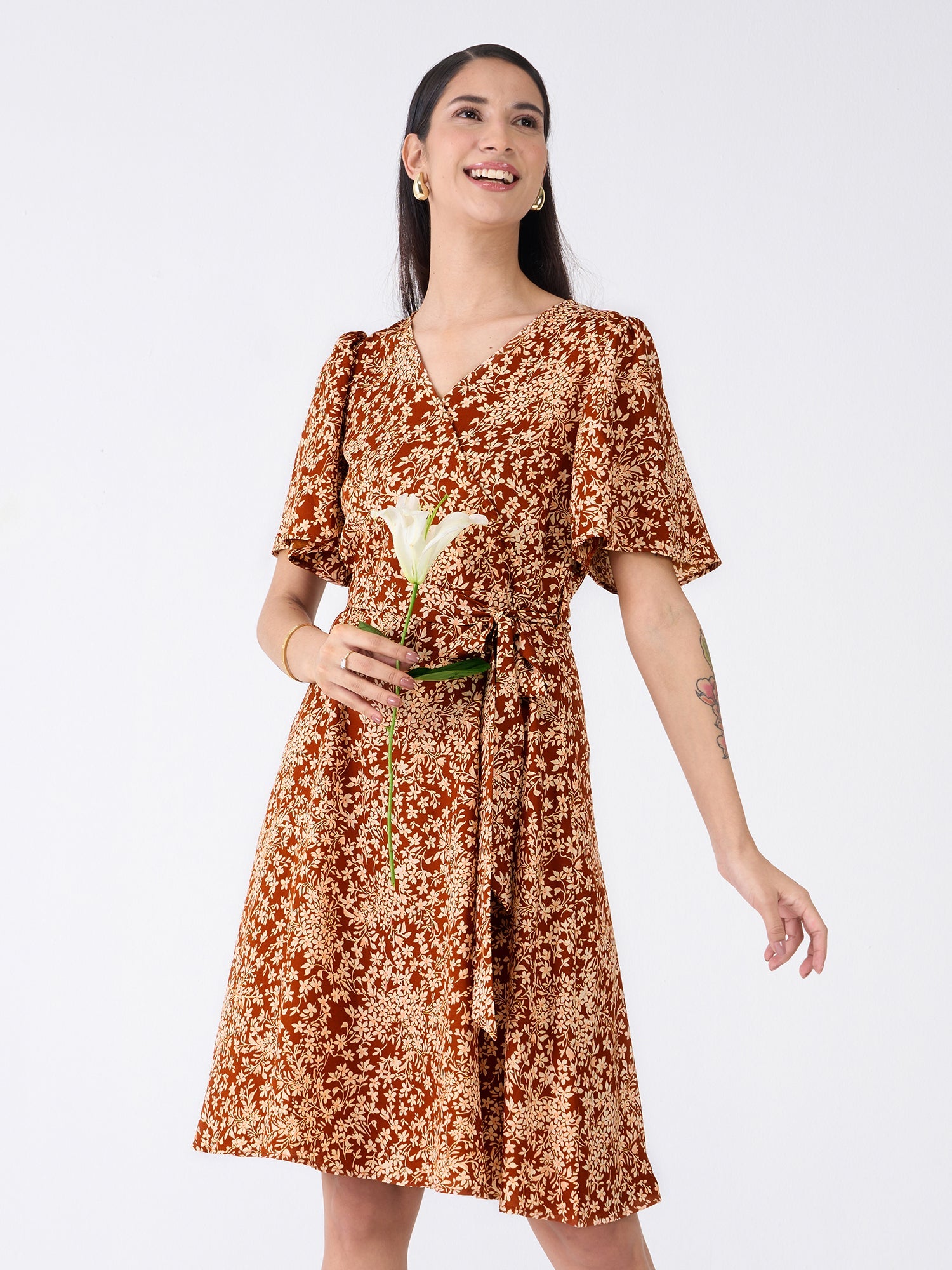 Carafe Floral Faux Wrap Dress-Multicolor