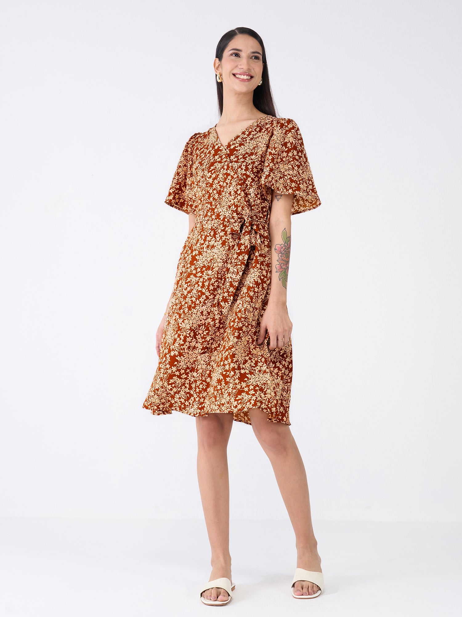 Carafe Floral Faux Wrap Dress-Multicolor