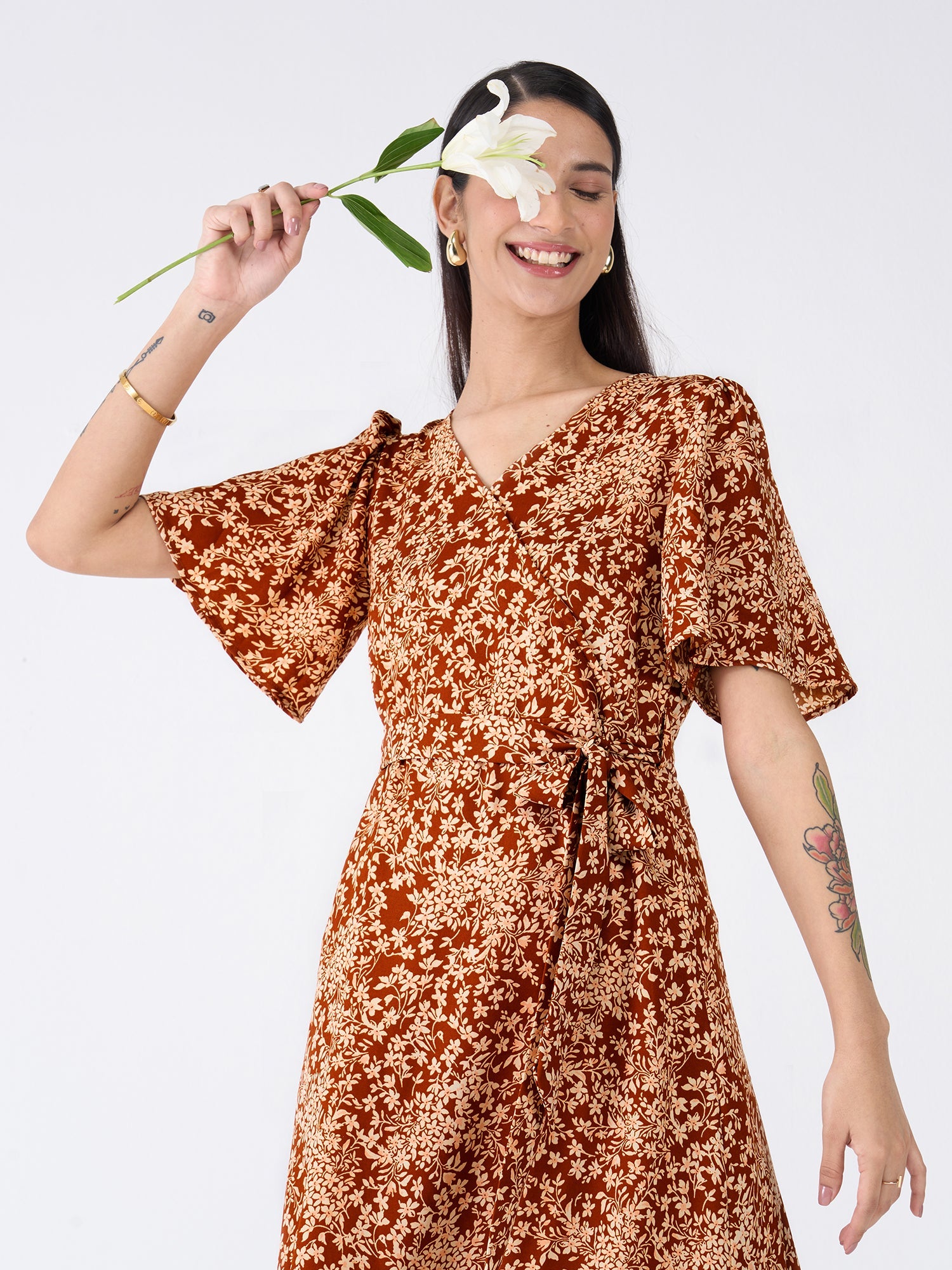 Carafe Floral Faux Wrap Dress-Multicolor