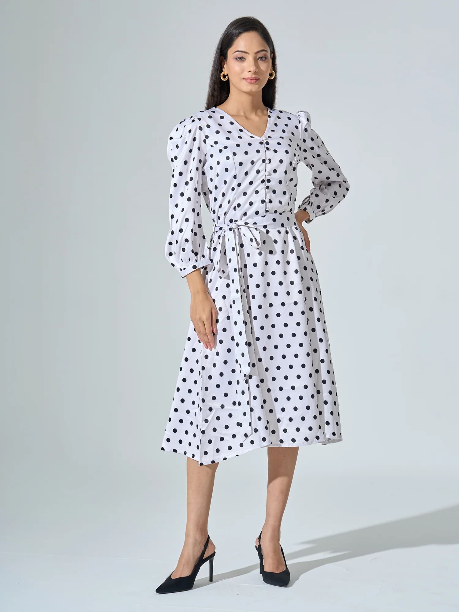 Lottie Polka Print Belted Dress - White Polka