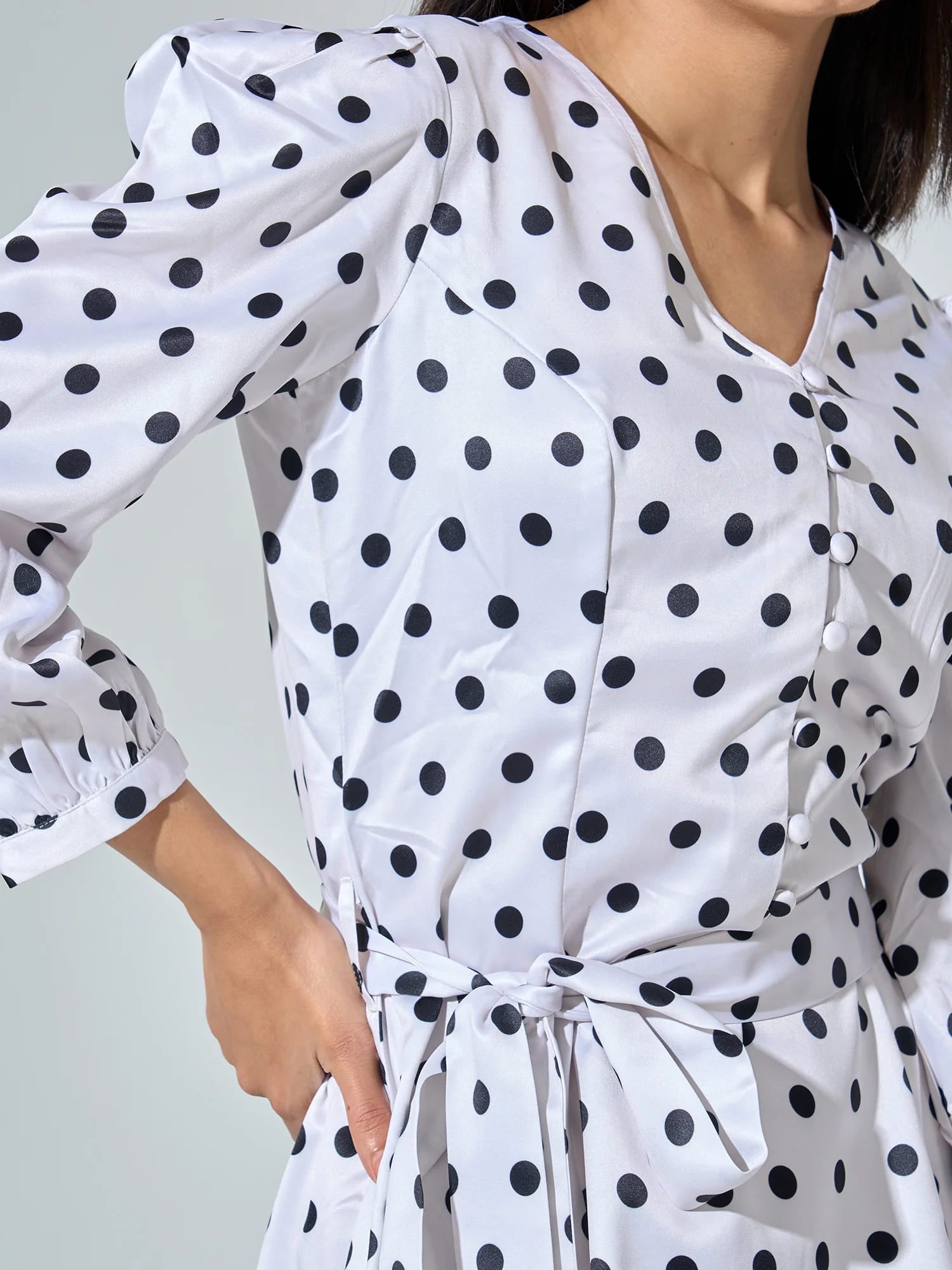 Lottie Polka Print Belted Dress - White Polka