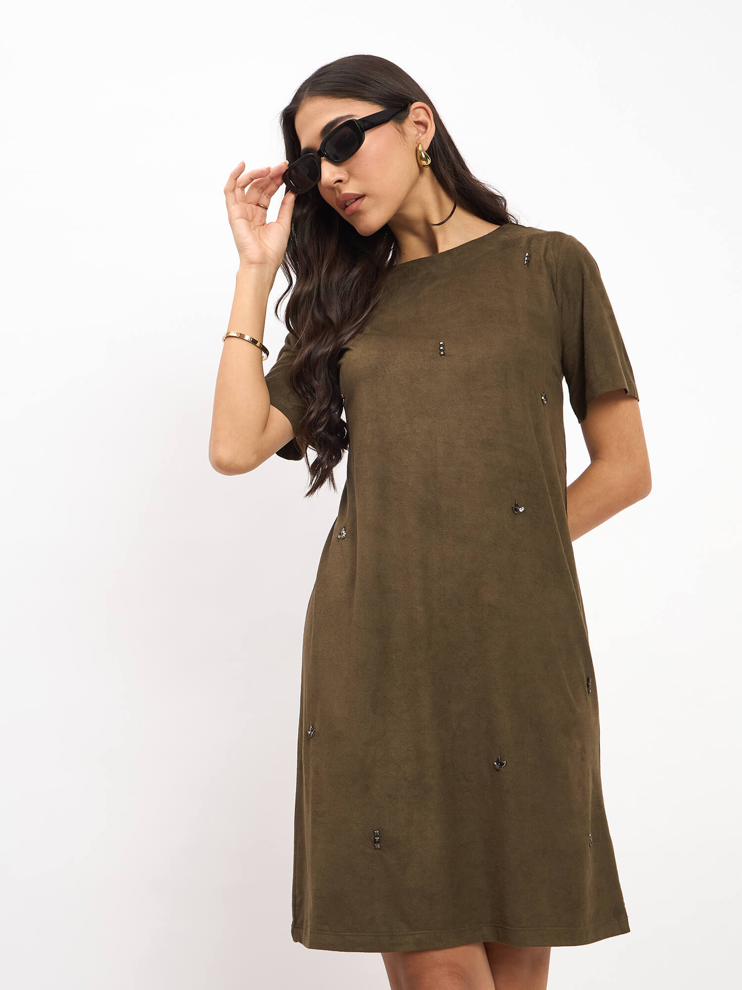 Macy Embellished Shift Dress - Olive